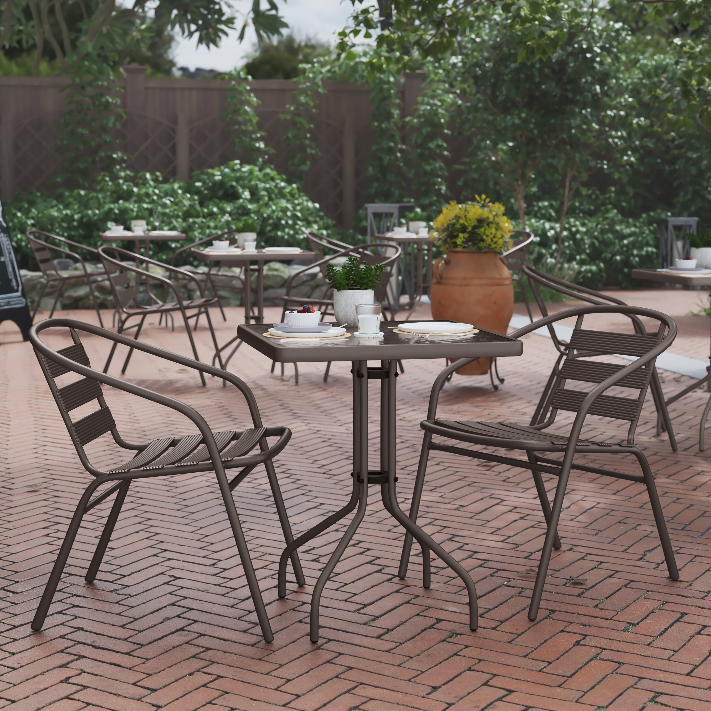 Lila 23.5'' Square Glass Top Metal Table with 2 Bronze Aluminum Slat Stack Chairs