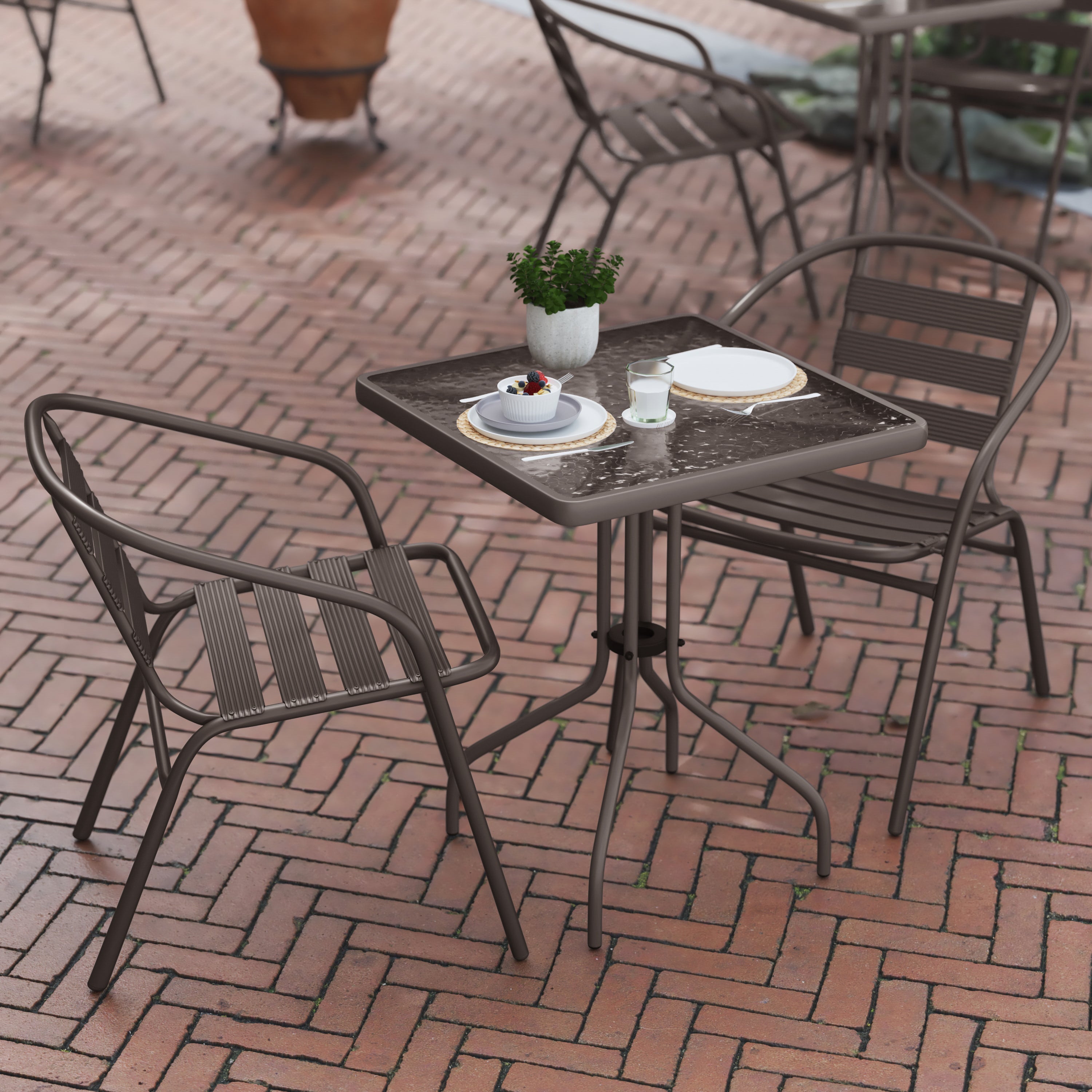 Lila 23.5'' Square Glass Top Metal Table with 2 Bronze Aluminum Slat Stack Chairs