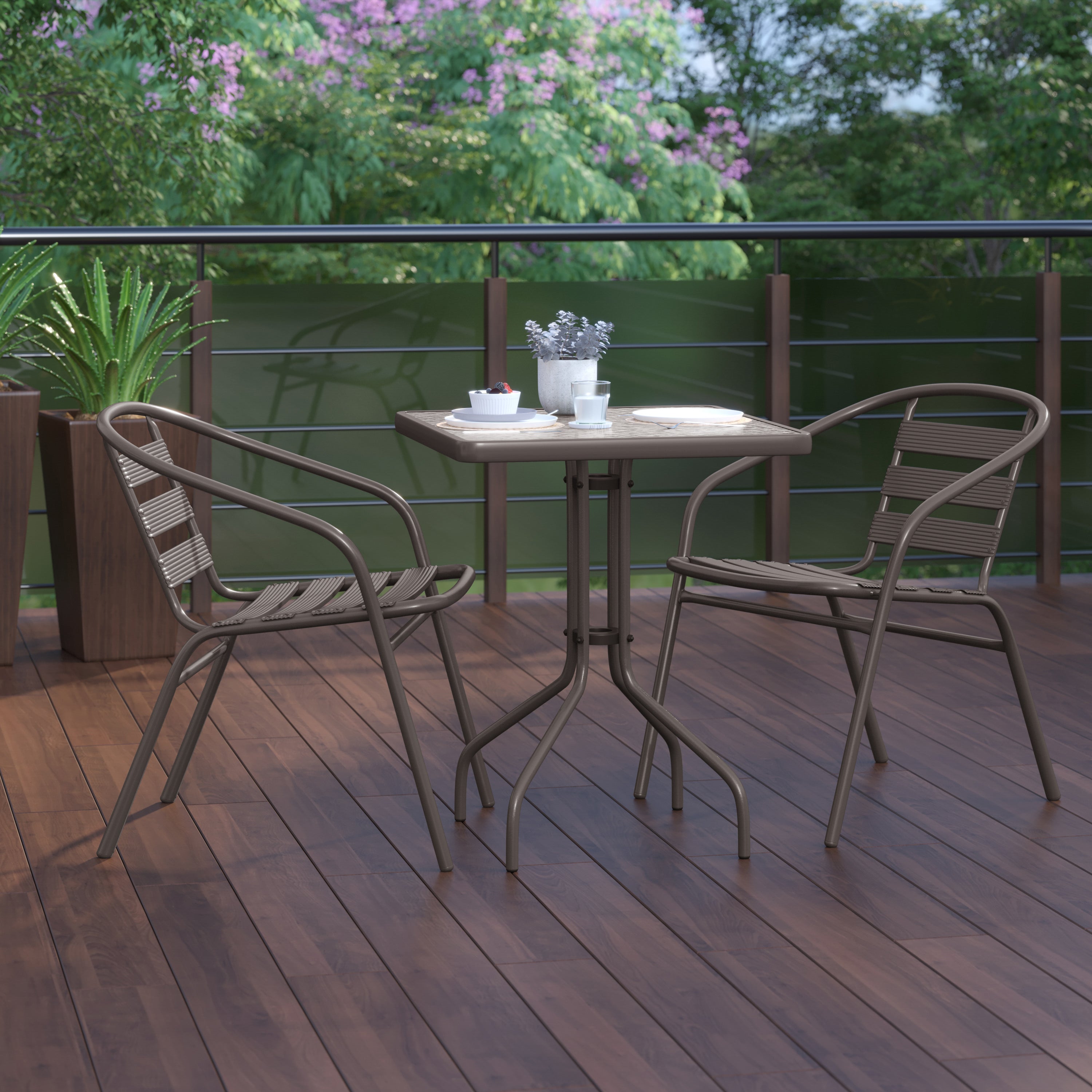 Lila 23.5'' Square Glass Top Metal Table with 2 Bronze Aluminum Slat Stack Chairs