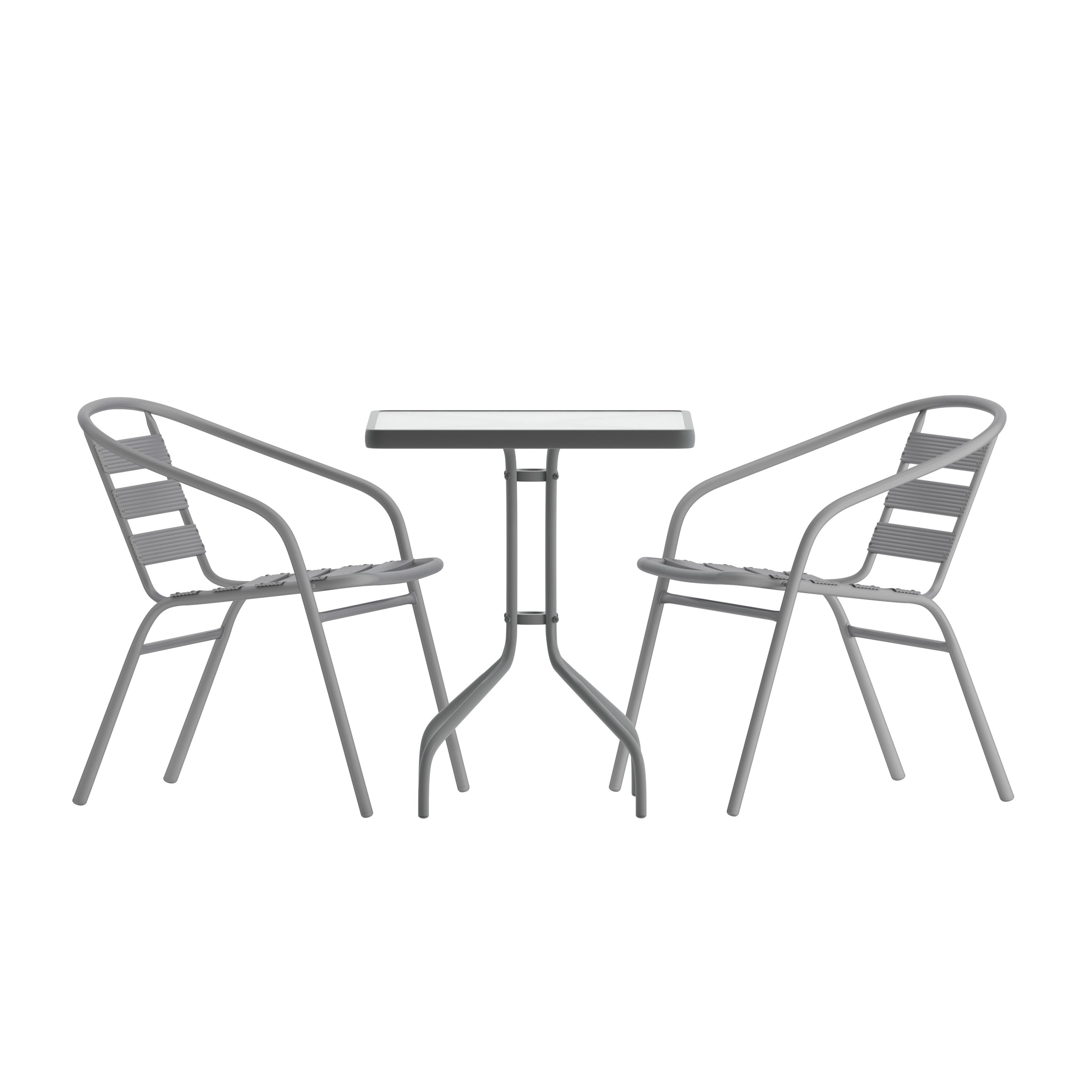 Lila 23.5'' Square Glass Top Metal Table with 2 Silver Aluminum Slat Stack Chairs