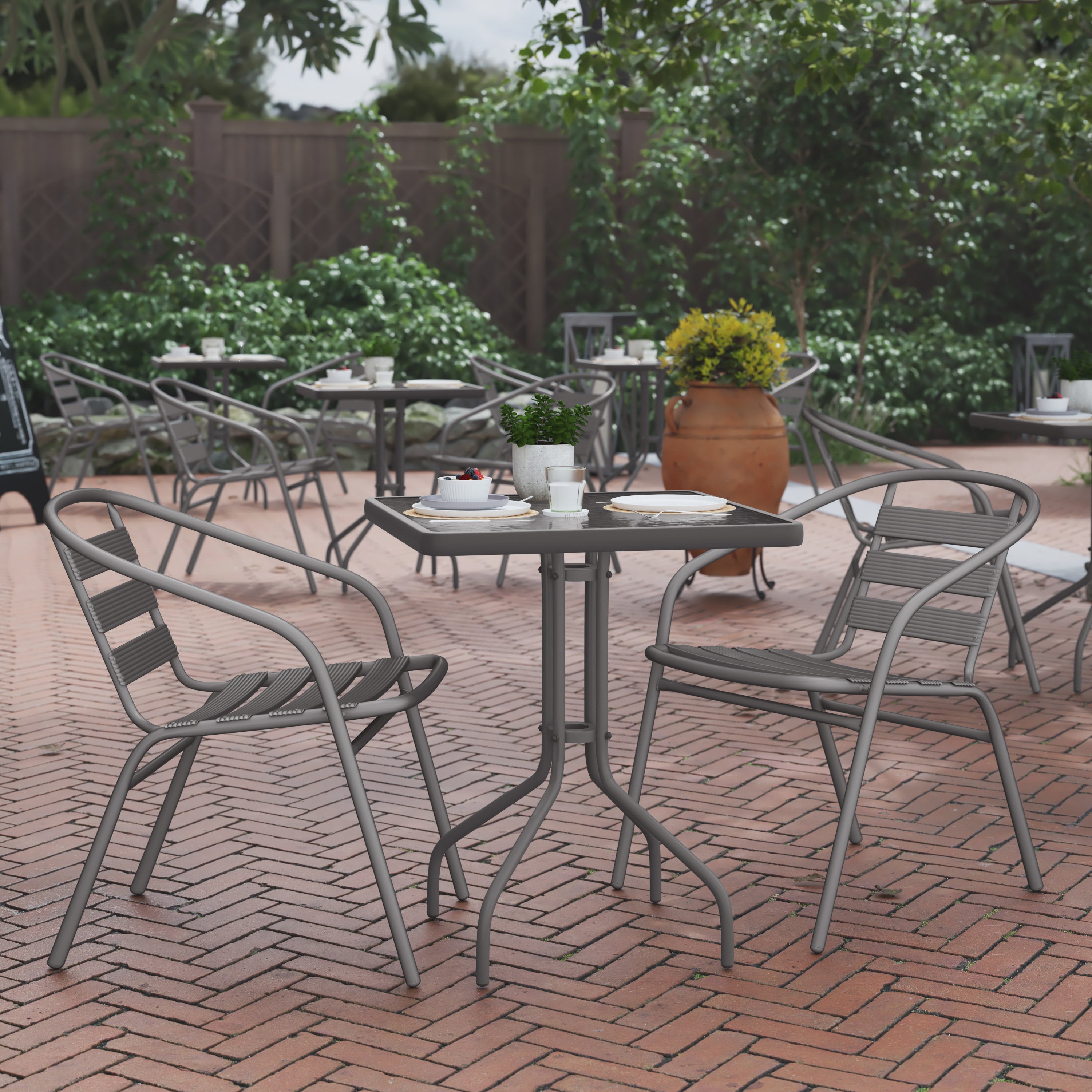 Lila 23.5'' Square Glass Top Metal Table with 2 Silver Aluminum Slat Stack Chairs