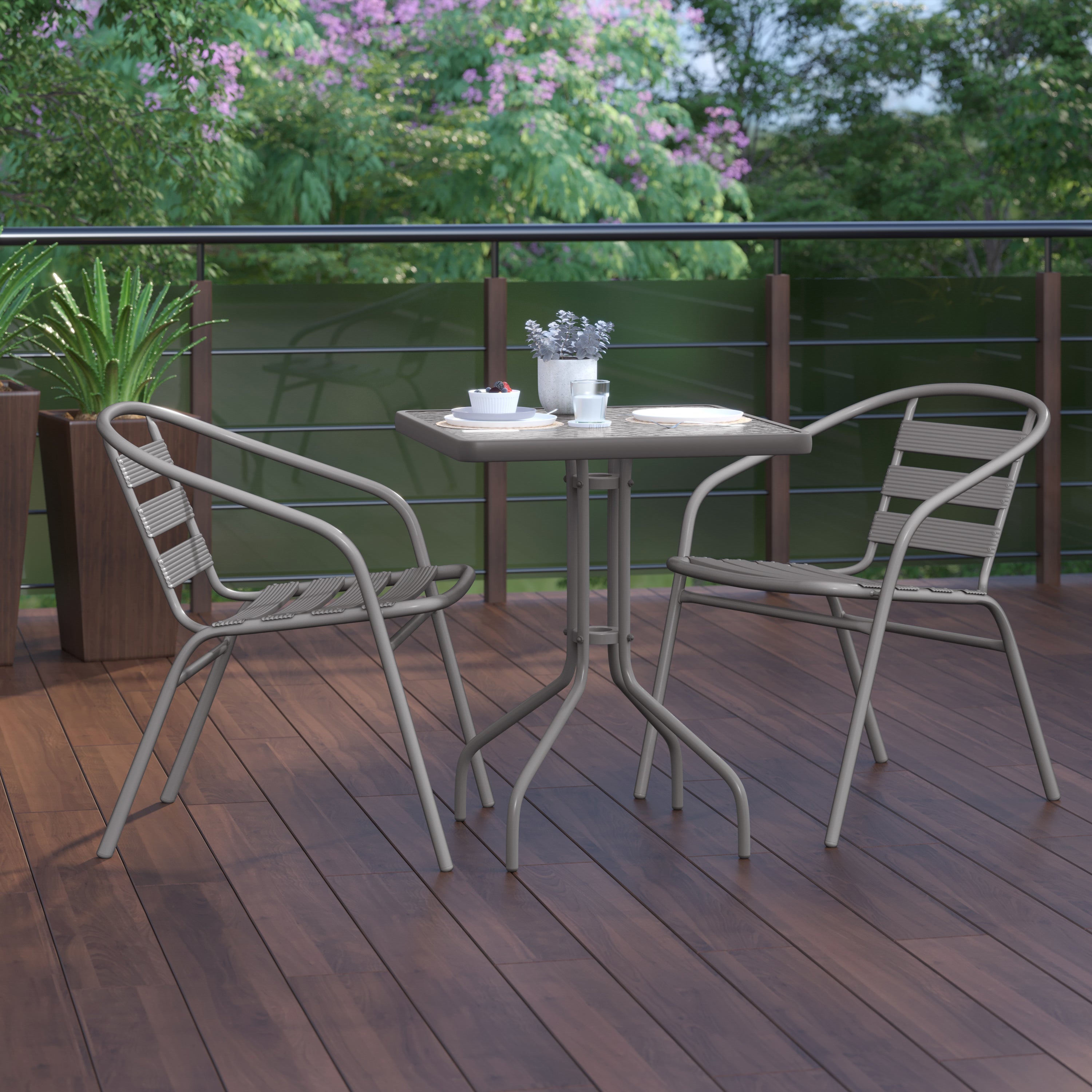 Lila 23.5'' Square Glass Top Metal Table with 2 Silver Aluminum Slat Stack Chairs