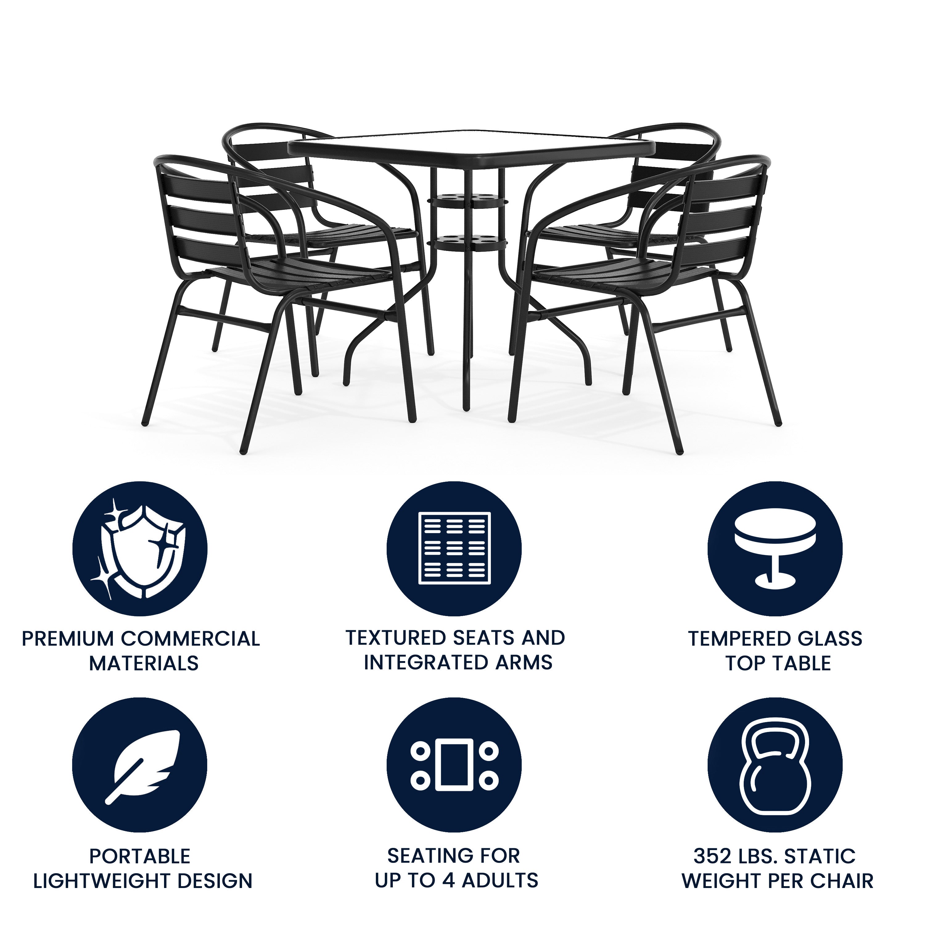 Lila 31.5'' Square Glass Metal Table with 4 Black Metal Aluminum Slat Stack Chairs