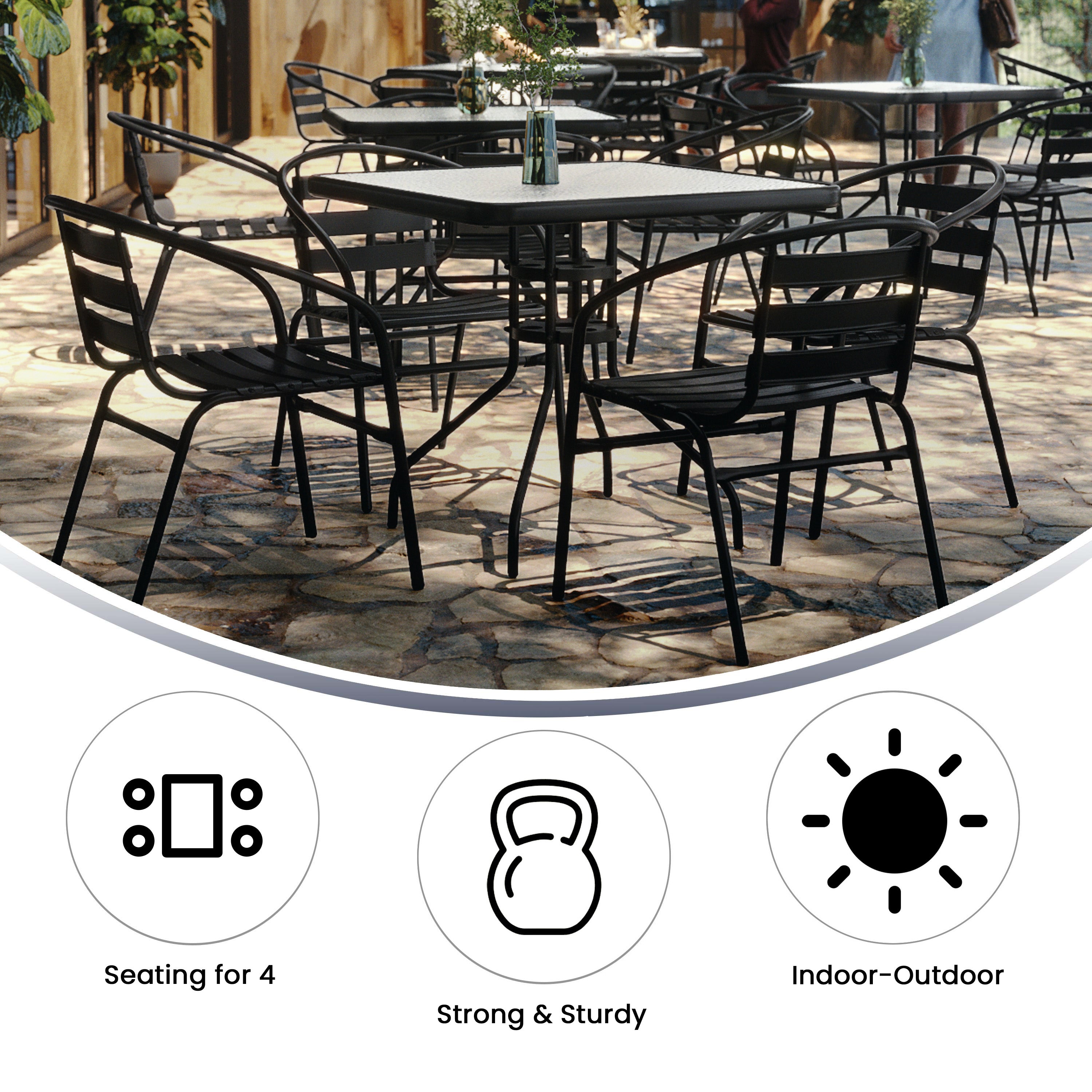 Lila 31.5'' Square Glass Metal Table with 4 Black Metal Aluminum Slat Stack Chairs
