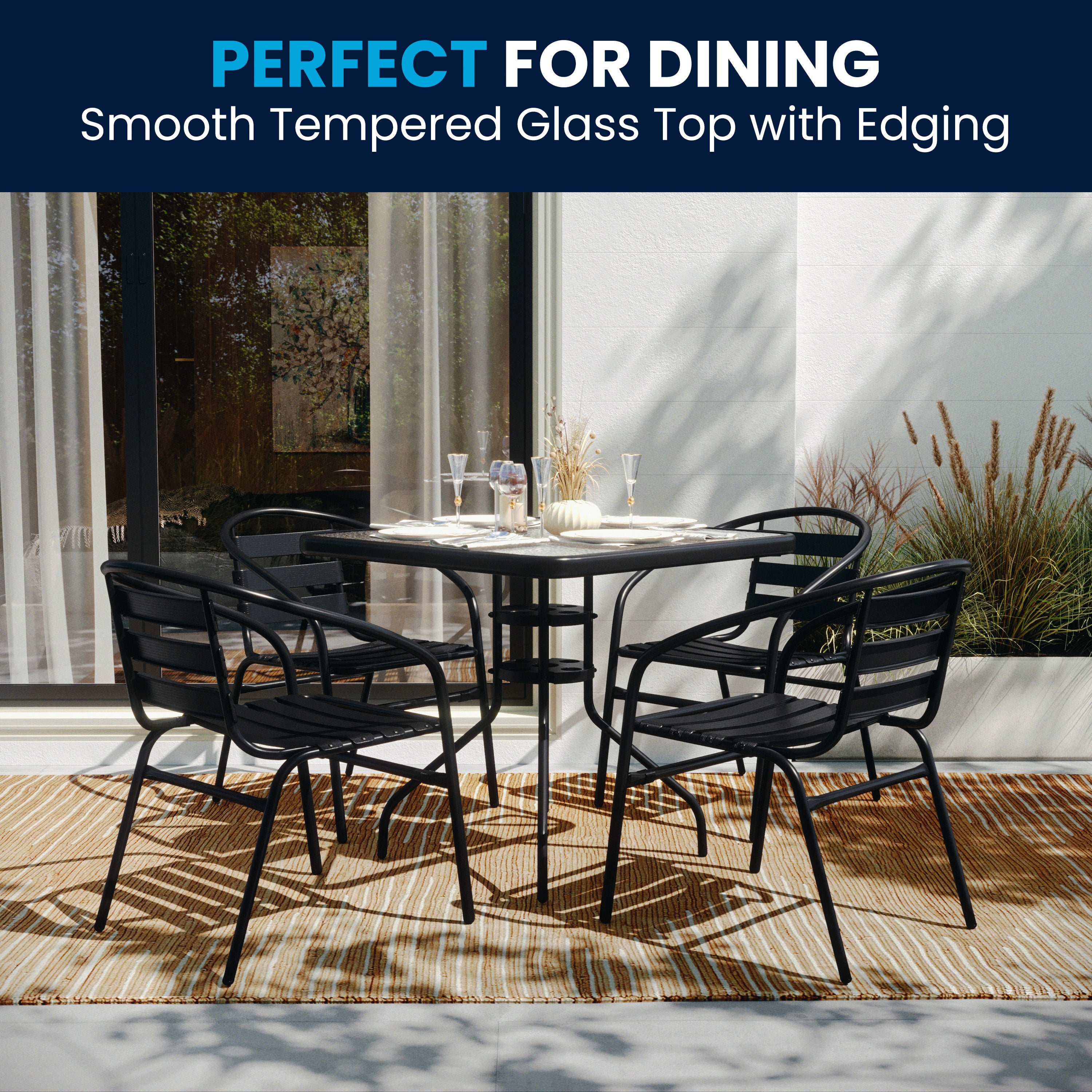 Lila 31.5'' Square Glass Metal Table with 4 Black Metal Aluminum Slat Stack Chairs
