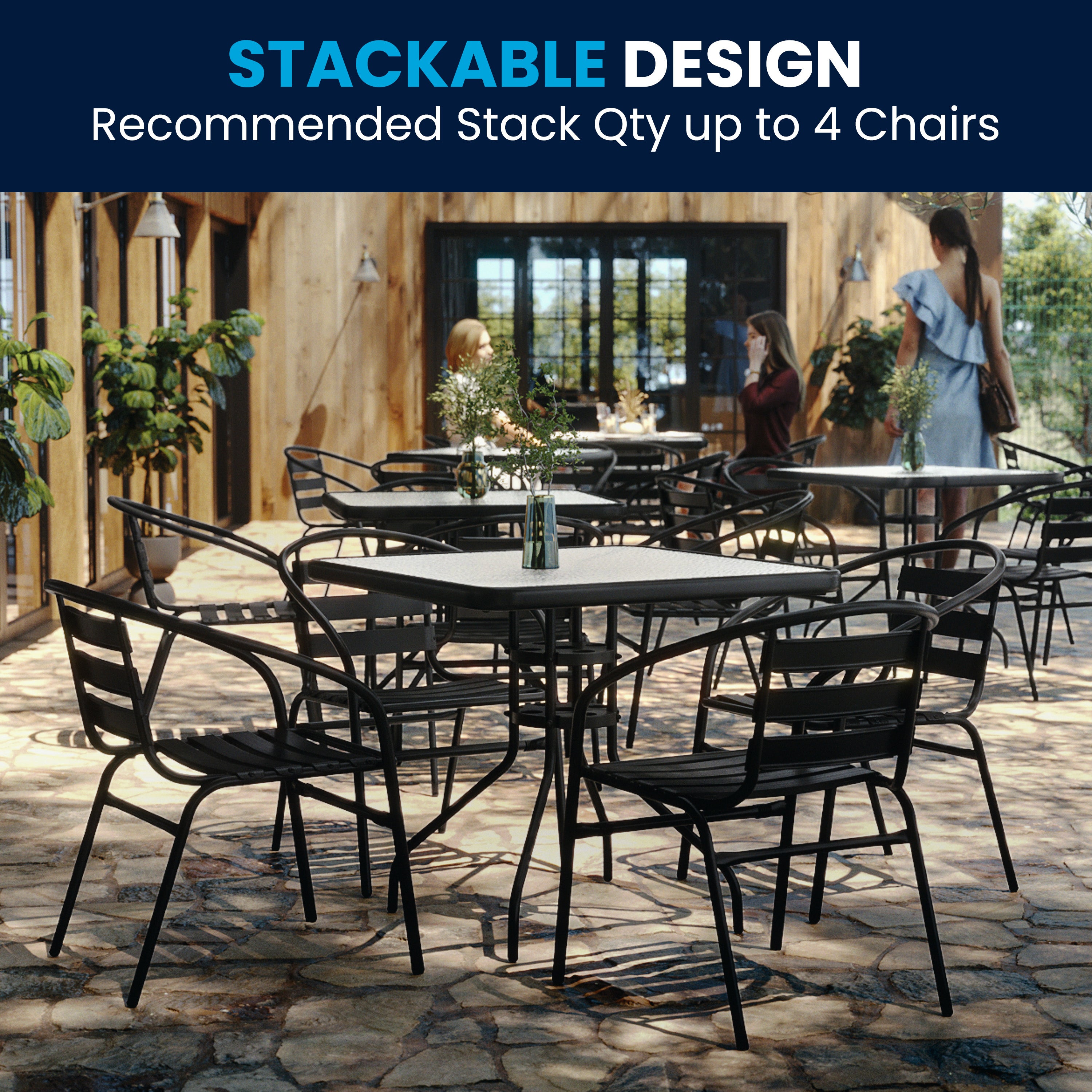 Lila 31.5'' Square Glass Metal Table with 4 Black Metal Aluminum Slat Stack Chairs