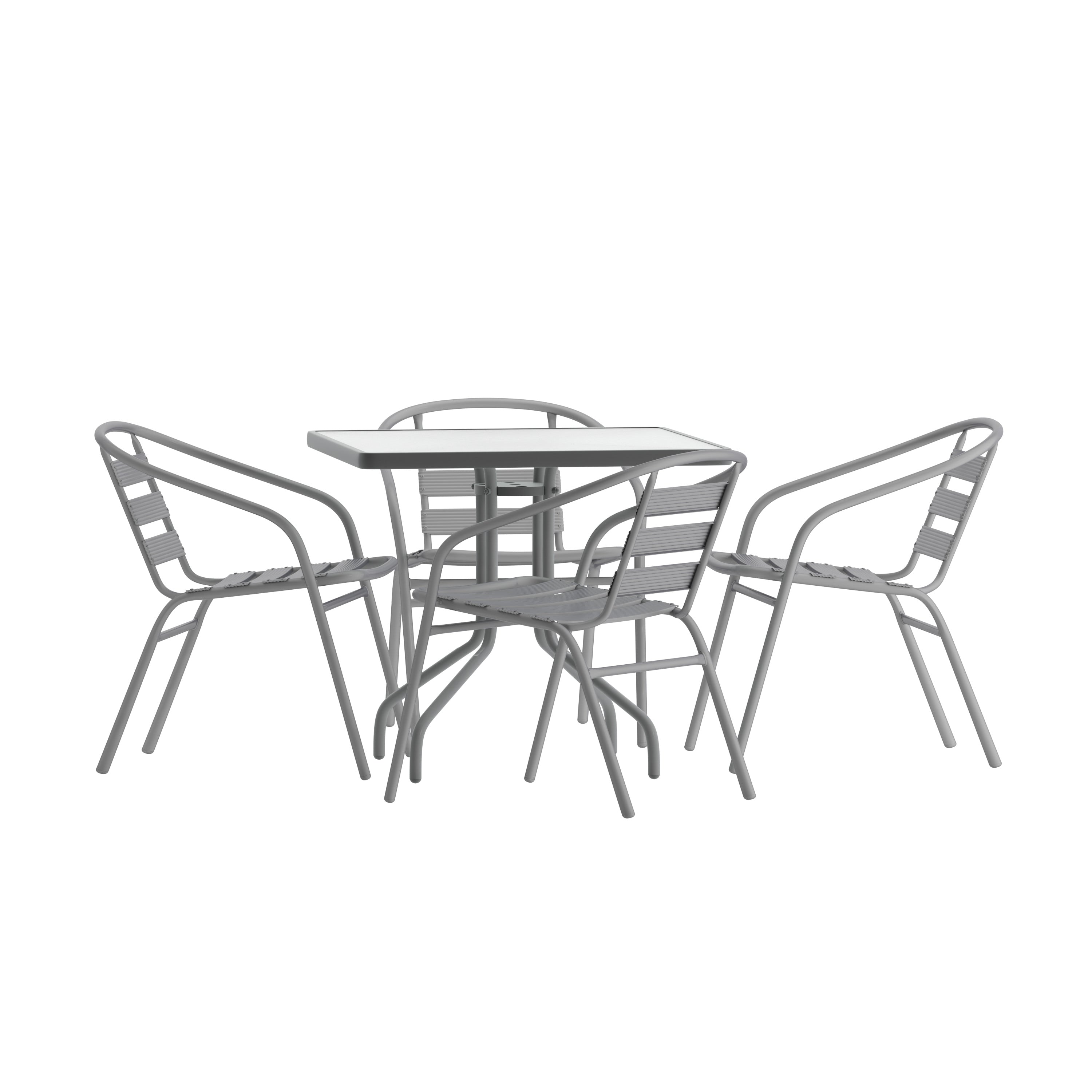 Lila 31.5'' Square Glass Top Metal Table with 4 Silver Aluminum Slat Stack Chairs