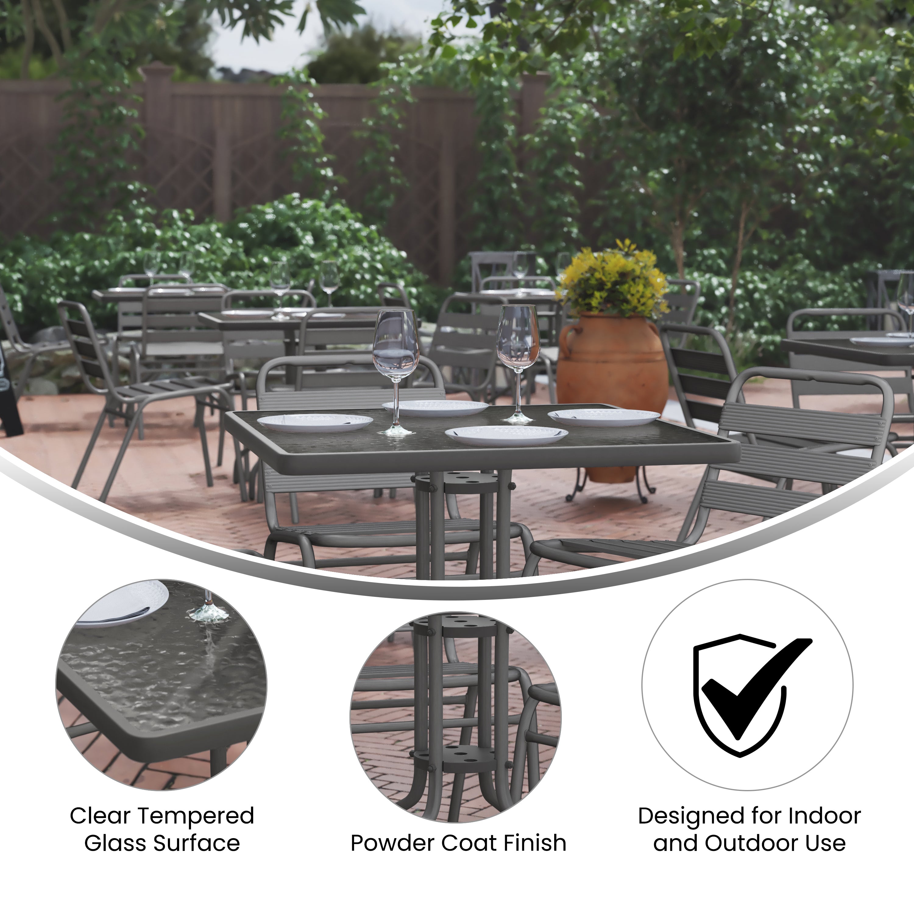 Lila 31.5'' Square Glass Top Metal Table with 4 Silver Aluminum Slat Stack Chairs