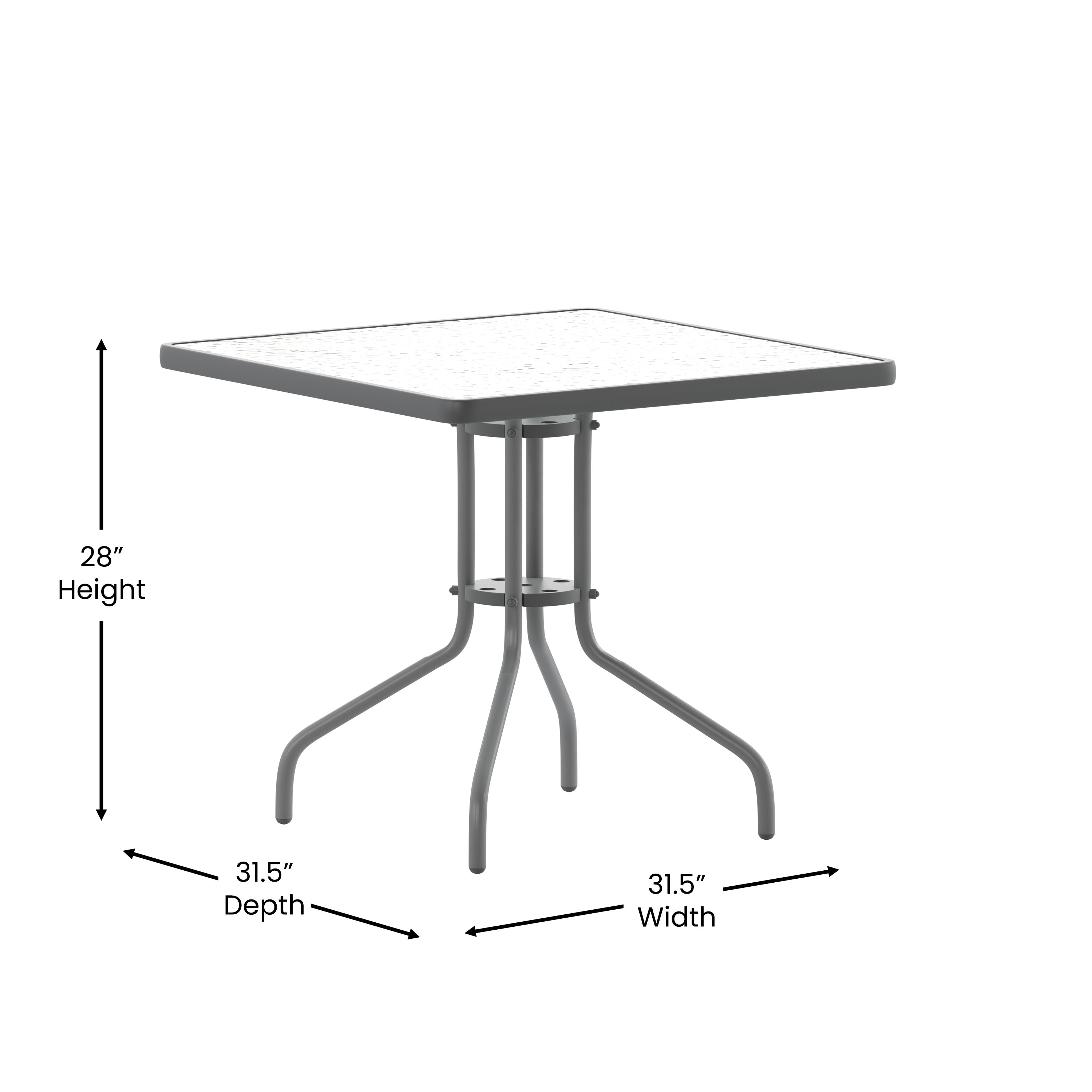 Lila 31.5'' Square Glass Top Metal Table with 4 Silver Aluminum Slat Stack Chairs