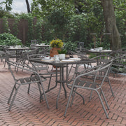 Lila 31.5'' Square Glass Top Metal Table with 4 Silver Aluminum Slat Stack Chairs