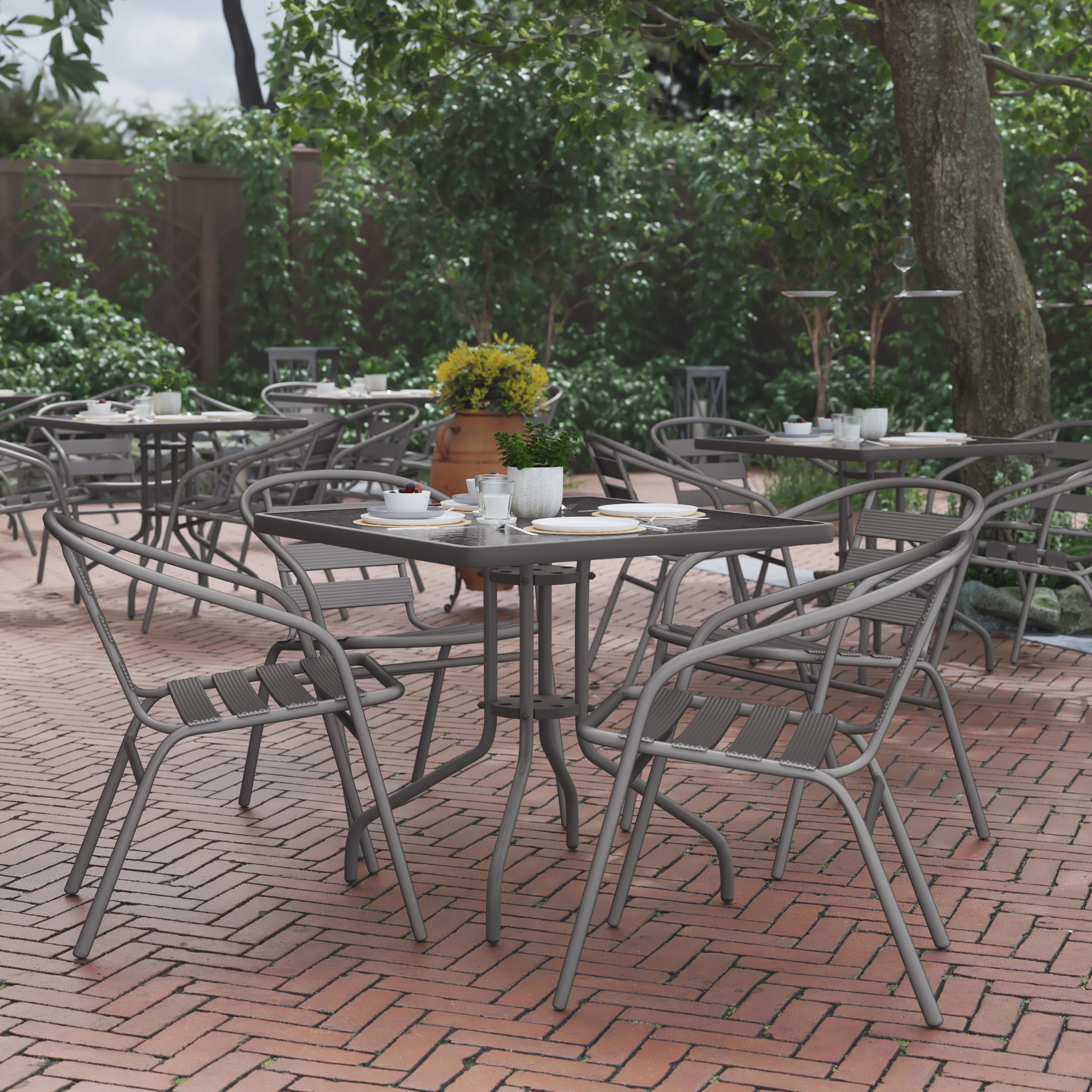 Lila 31.5'' Square Glass Top Metal Table with 4 Silver Aluminum Slat Stack Chairs