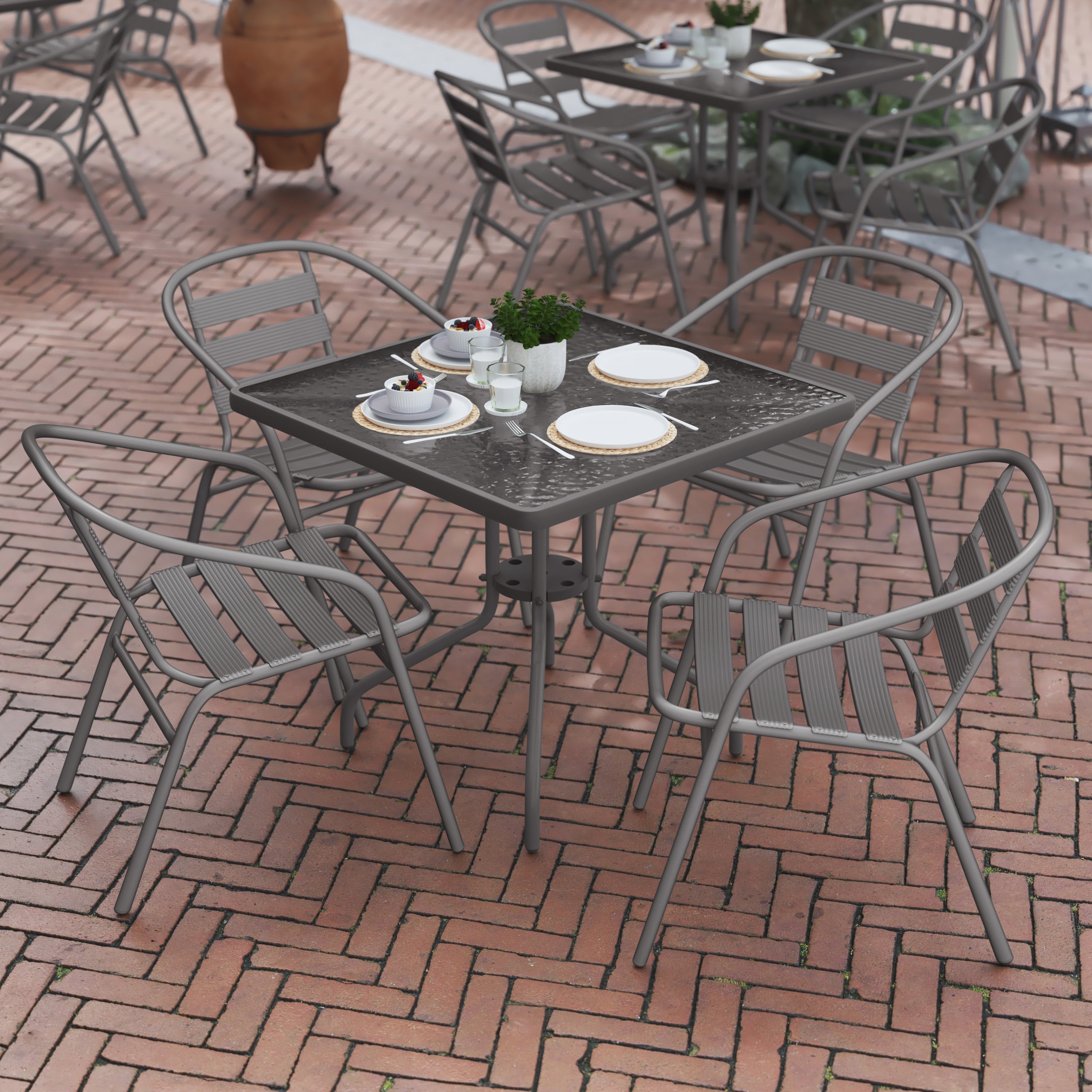 Lila 31.5'' Square Glass Top Metal Table with 4 Silver Aluminum Slat Stack Chairs