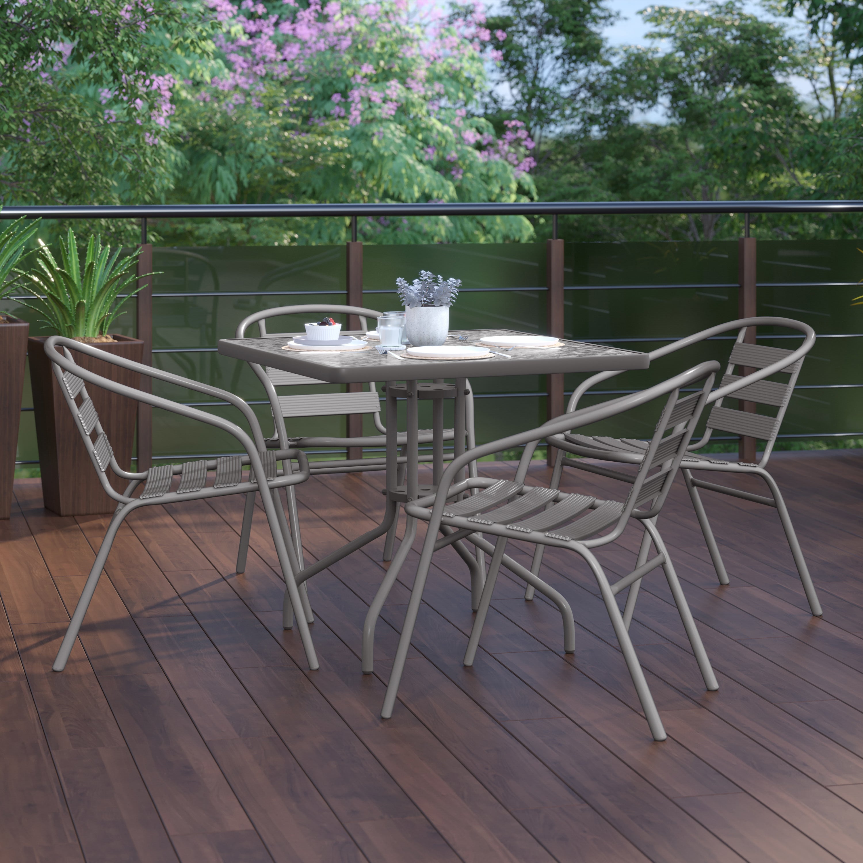 Lila 31.5'' Square Glass Top Metal Table with 4 Silver Aluminum Slat Stack Chairs