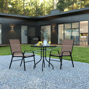 Brazos 3 Piece Outdoor Patio Dining Set - 23.5" Square Tempered Glass Patio Table, 2 Brown Flex Comfort Stack Chairs