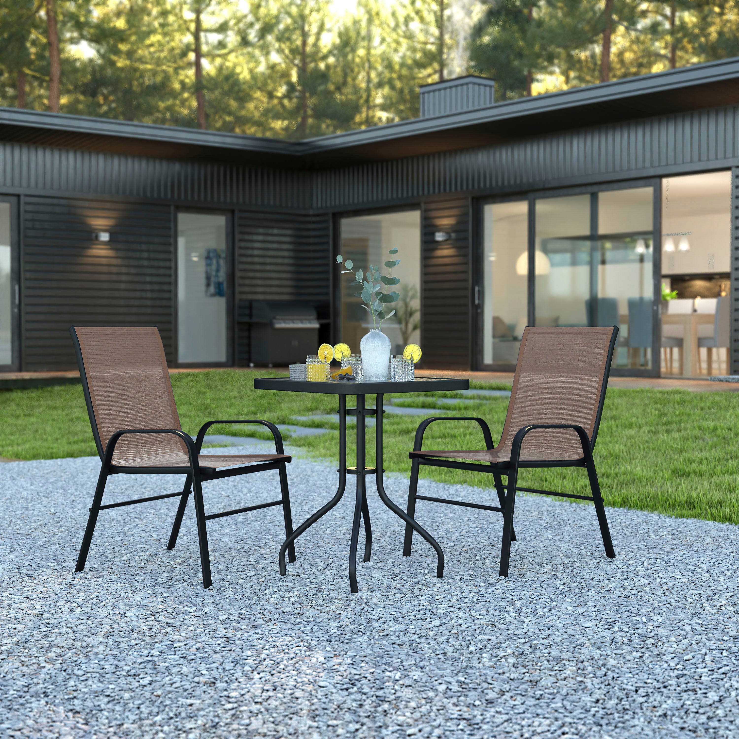Brazos 3 Piece Outdoor Patio Dining Set - 23.5" Square Tempered Glass Patio Table, 2 Brown Flex Comfort Stack Chairs