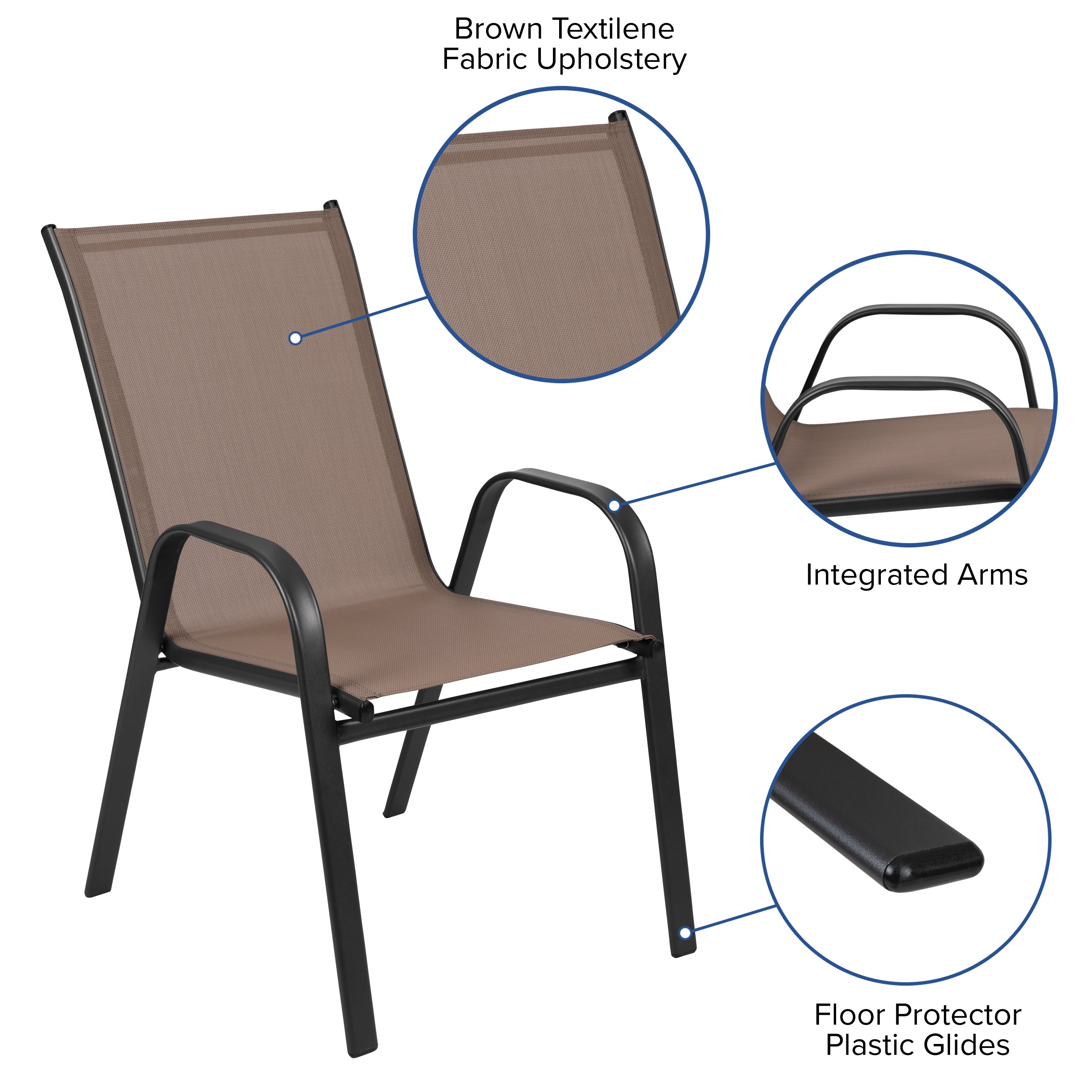 Brazos 3 Piece Outdoor Patio Dining Set - 23.5" Square Tempered Glass Patio Table, 2 Brown Flex Comfort Stack Chairs