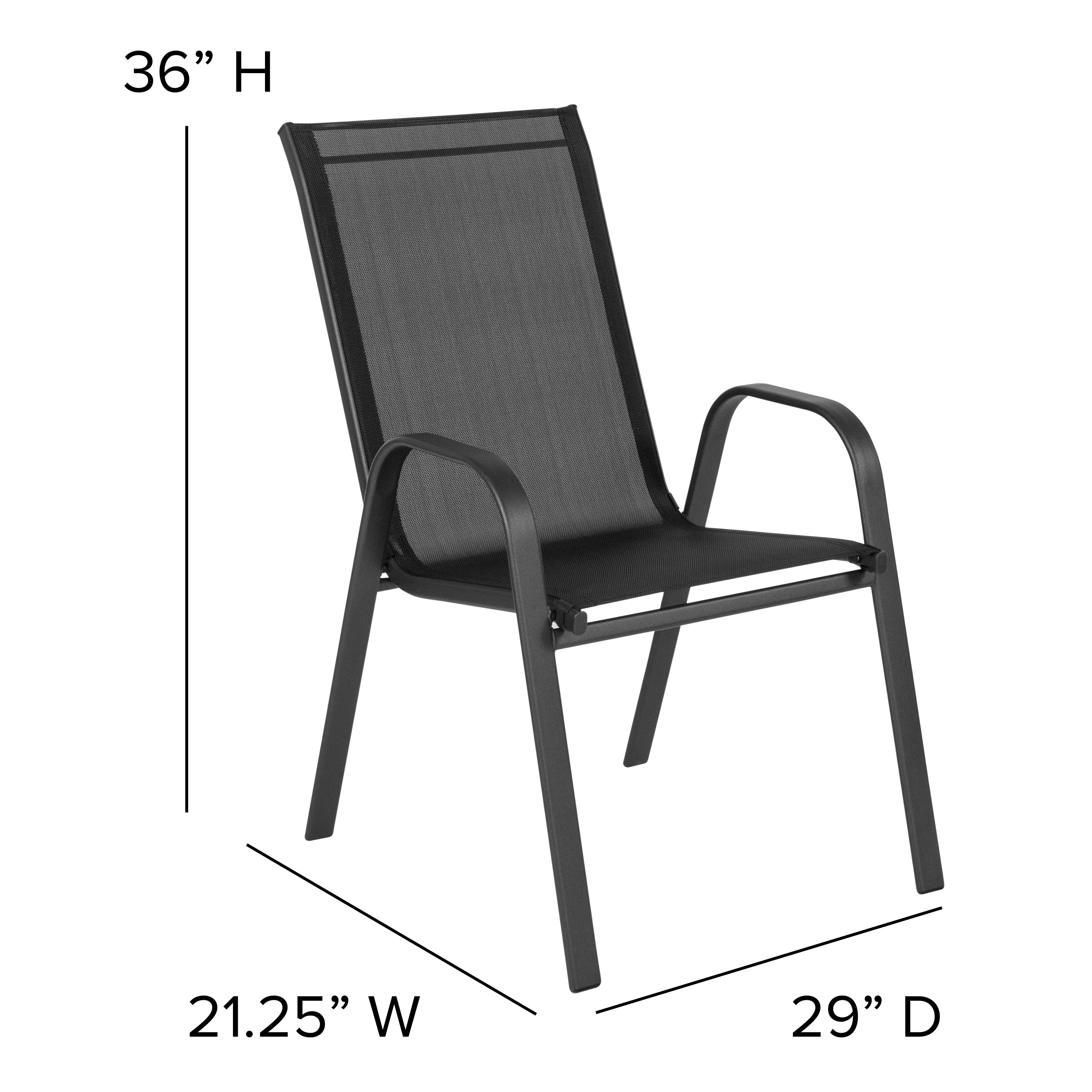 Brazos 3 Piece Outdoor Patio Dining Set - 23.5" Square Tempered Glass Patio Table, 2 Black Flex Comfort Stack Chairs