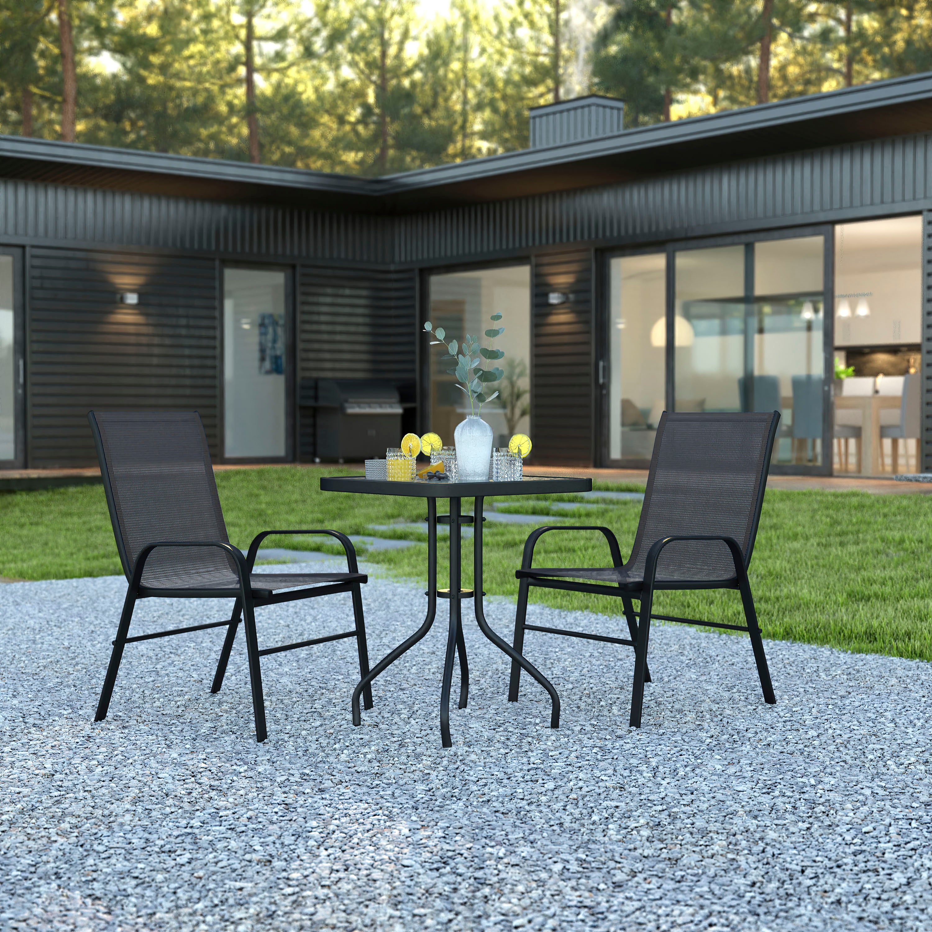 Brazos 3 Piece Outdoor Patio Dining Set - 23.5" Square Tempered Glass Patio Table, 2 Black Flex Comfort Stack Chairs