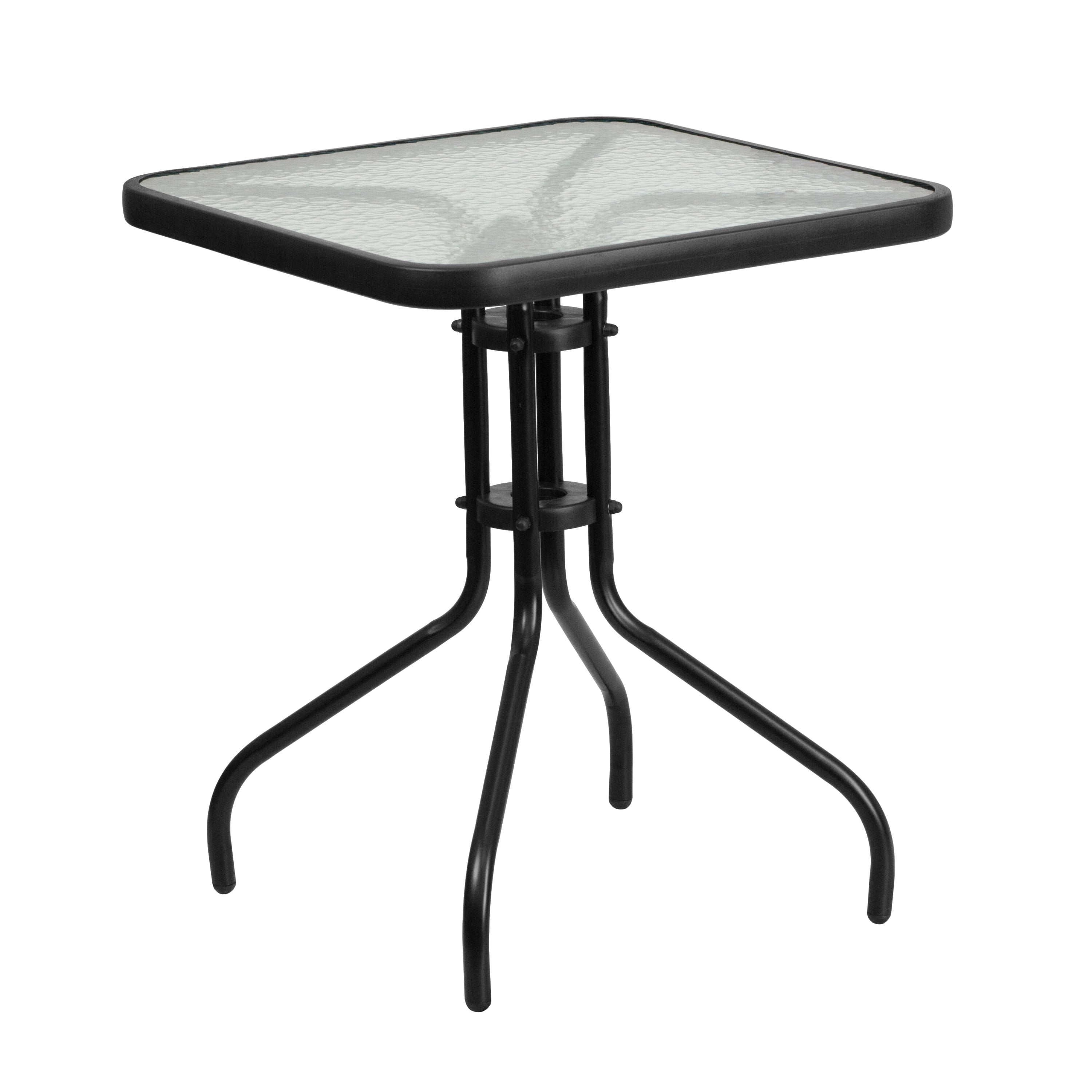 Brazos 3 Piece Outdoor Patio Dining Set - 23.5" Square Tempered Glass Patio Table, 2 Black Flex Comfort Stack Chairs