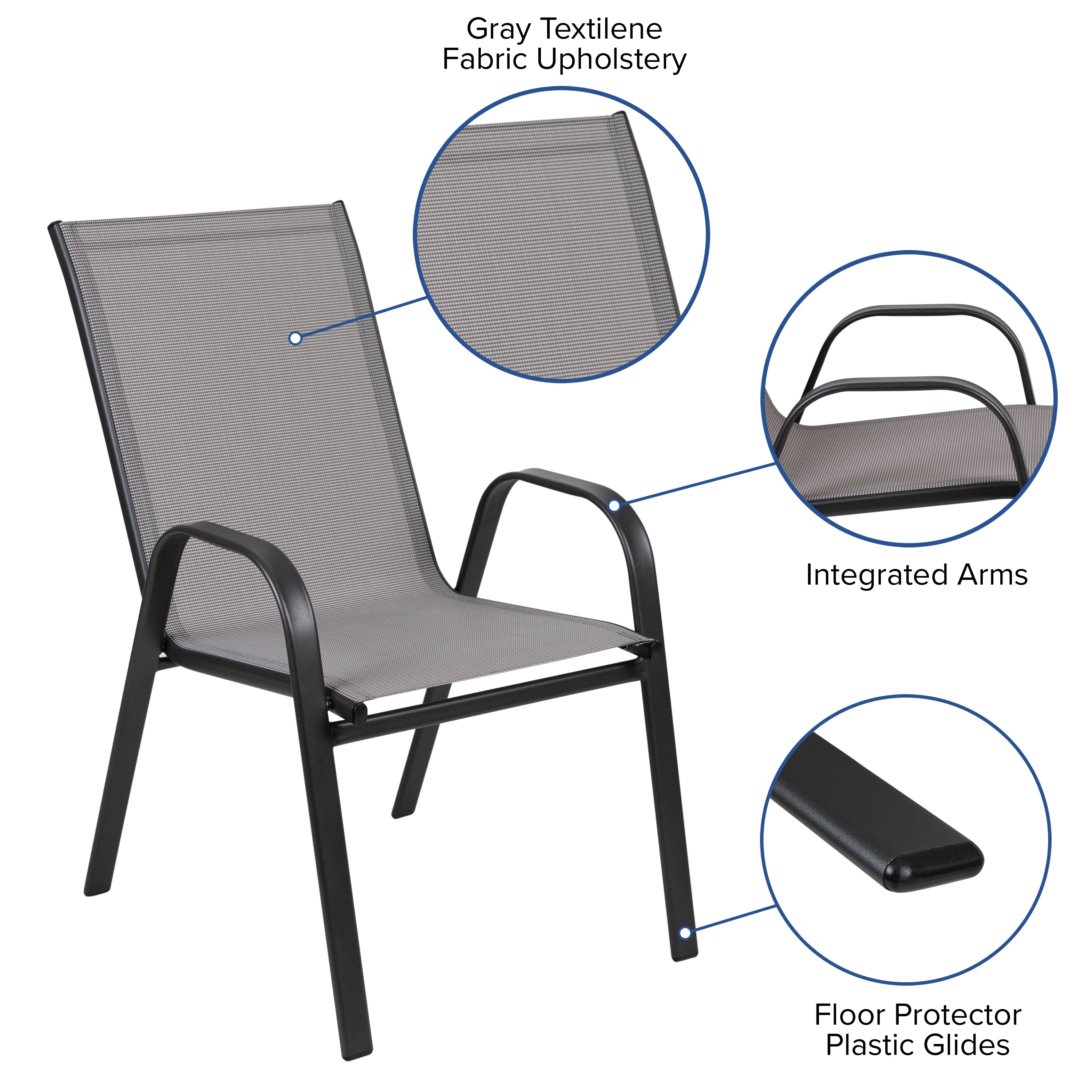 Brazos 3 Piece Outdoor Patio Dining Set - 23.5" Square Tempered Glass Patio Table, 2 Gray Flex Comfort Stack Chairs