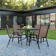 Brazos 5 Piece Outdoor Patio Dining Set - 31.5" Square Tempered Glass Patio Table, 4 Brown Flex Comfort Stack Chairs