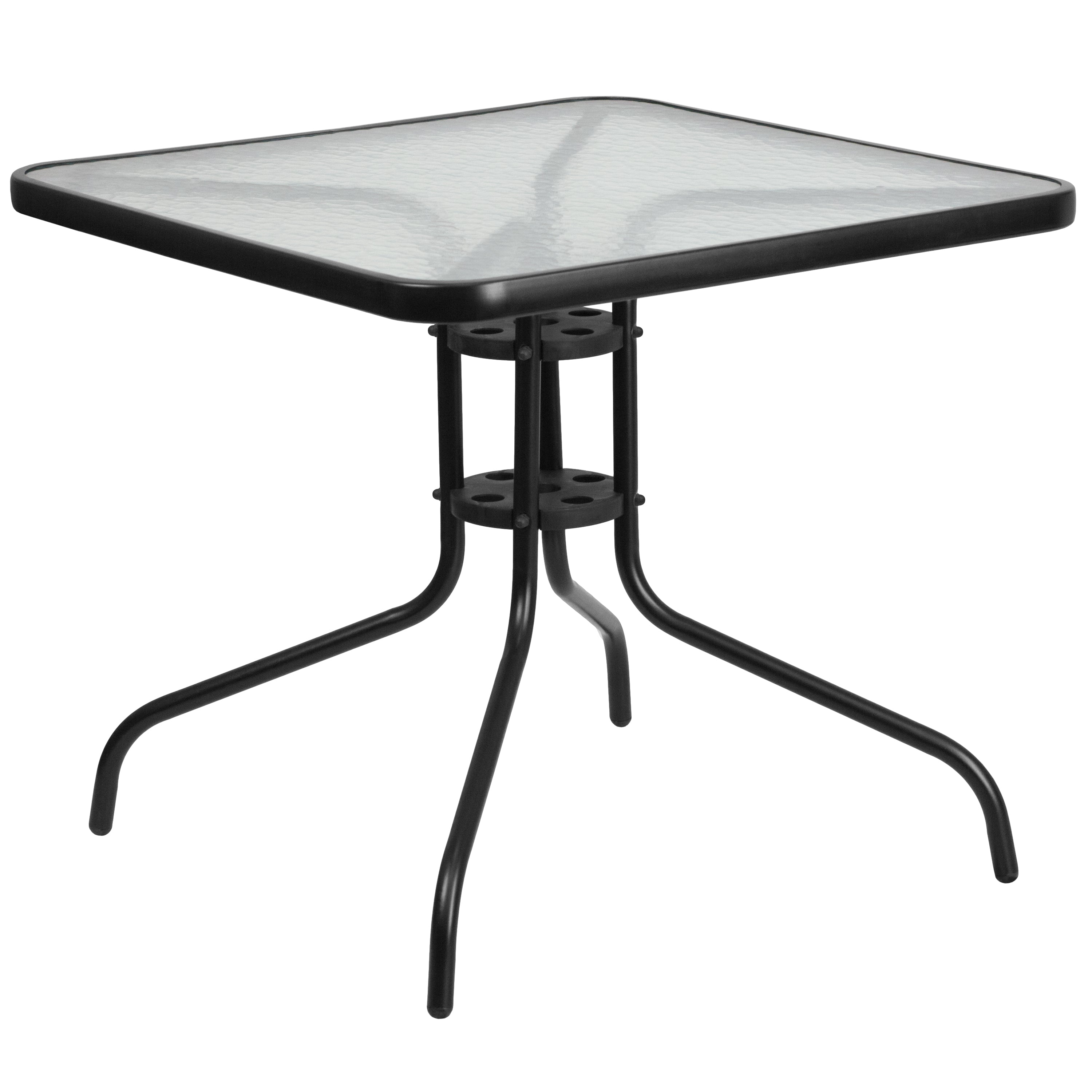 Brazos 5 Piece Outdoor Patio Dining Set - 31.5" Square Tempered Glass Patio Table, 4 Brown Flex Comfort Stack Chairs