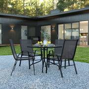 Brazos 5 Piece Outdoor Patio Dining Set - 31.5" Square Tempered Glass Patio Table, 4 Black Flex Comfort Stack Chairs