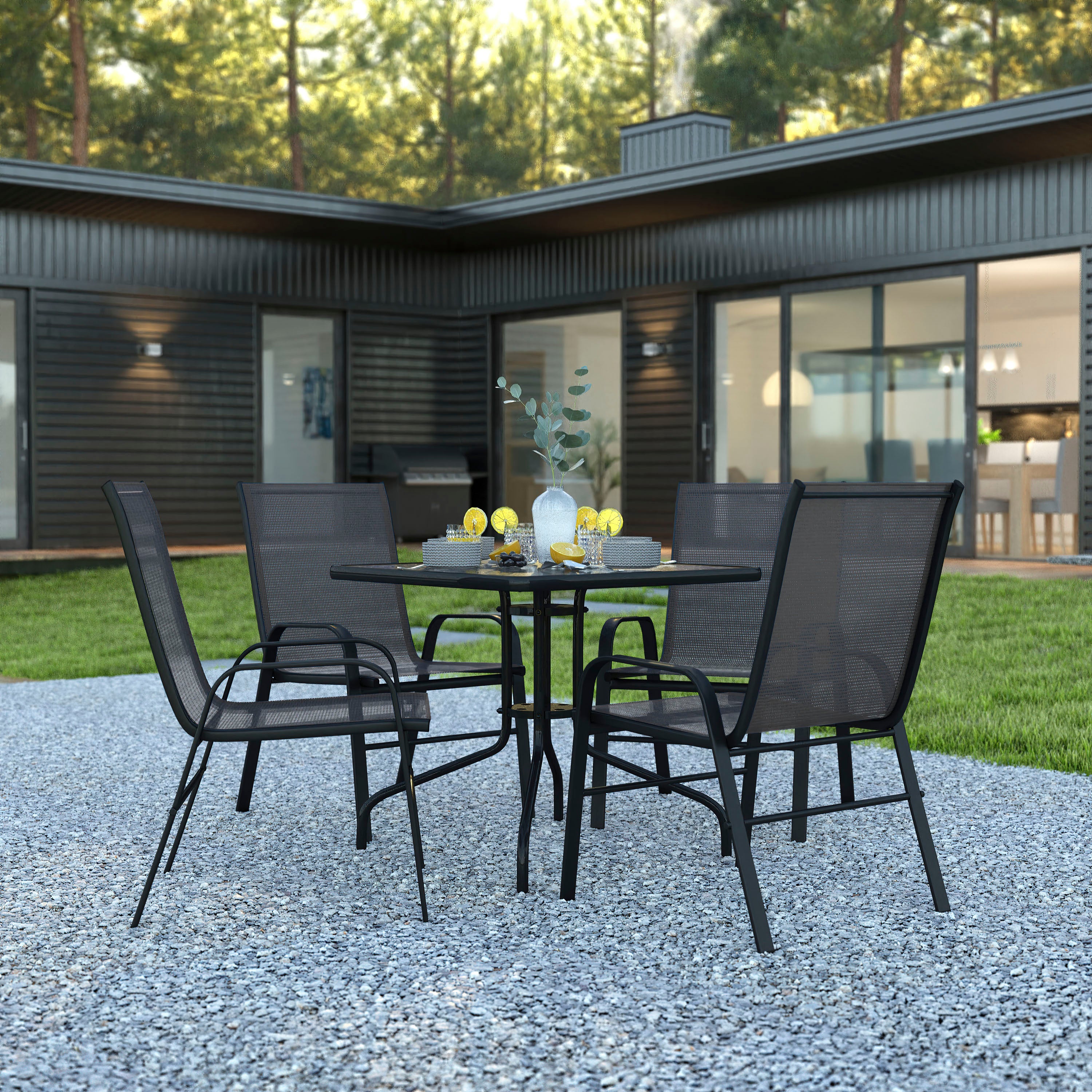 Brazos 5 Piece Outdoor Patio Dining Set - 31.5" Square Tempered Glass Patio Table, 4 Black Flex Comfort Stack Chairs