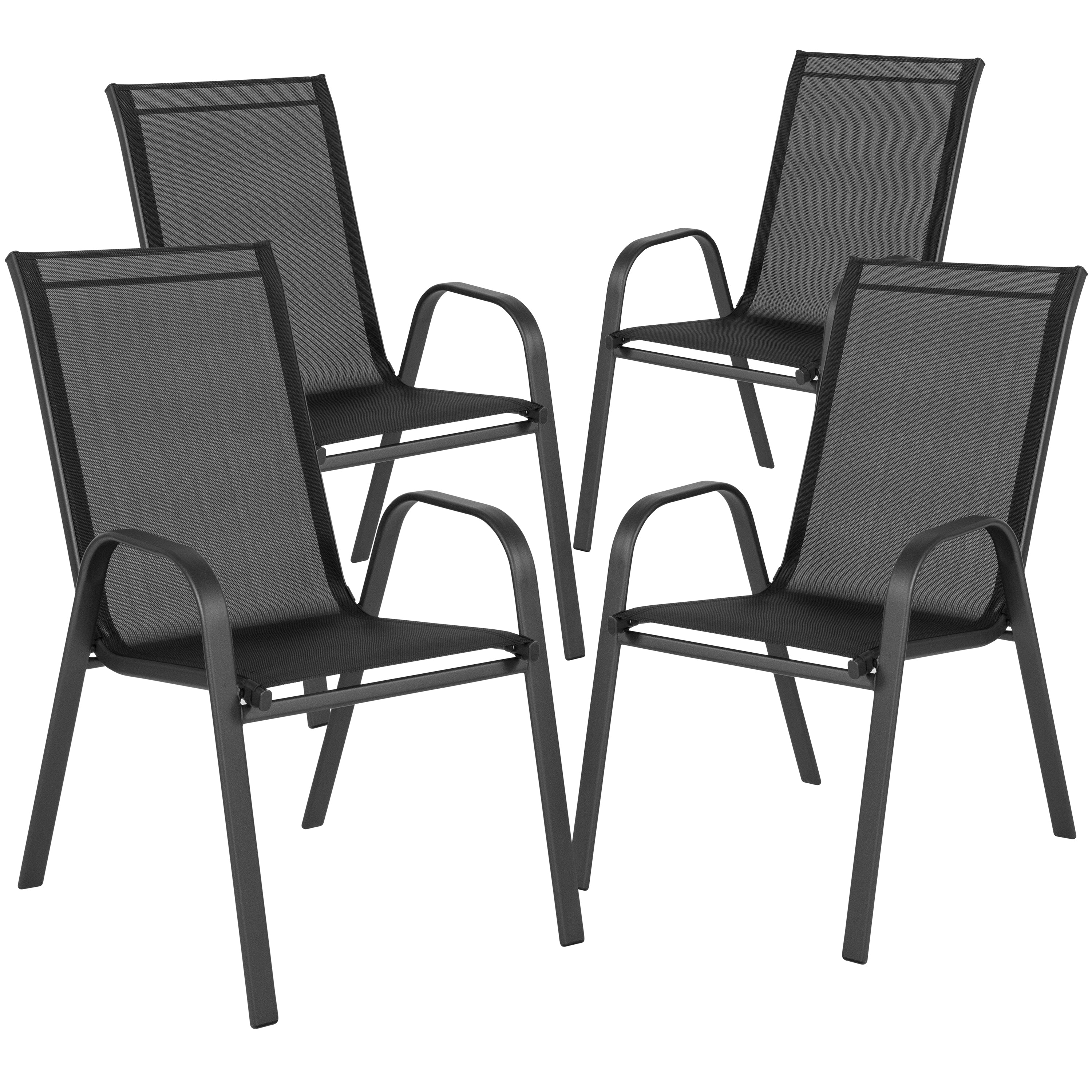 Brazos 5 Piece Outdoor Patio Dining Set - 31.5" Square Tempered Glass Patio Table, 4 Black Flex Comfort Stack Chairs