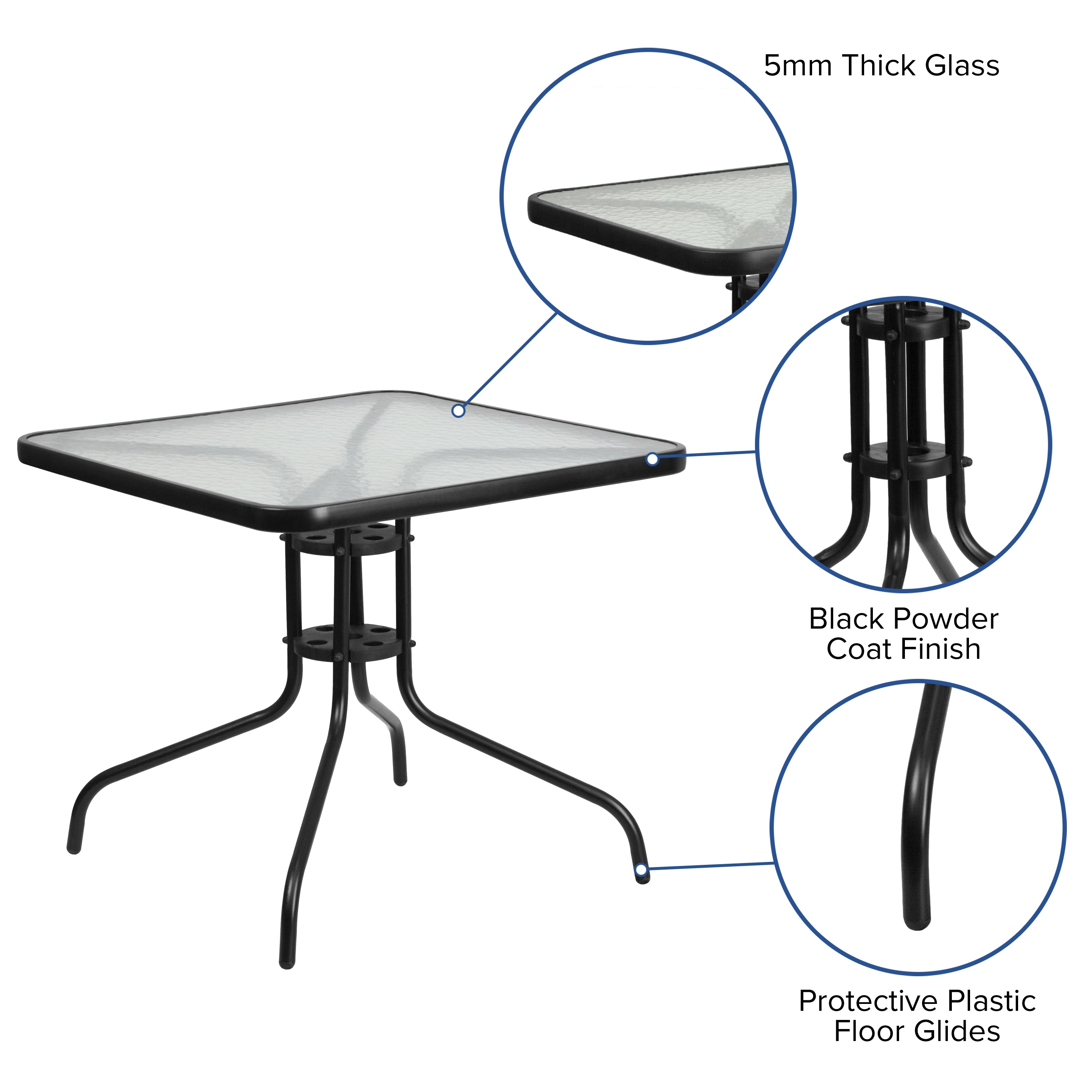 Brazos 5 Piece Outdoor Patio Dining Set - 31.5" Square Tempered Glass Patio Table, 4 Black Flex Comfort Stack Chairs