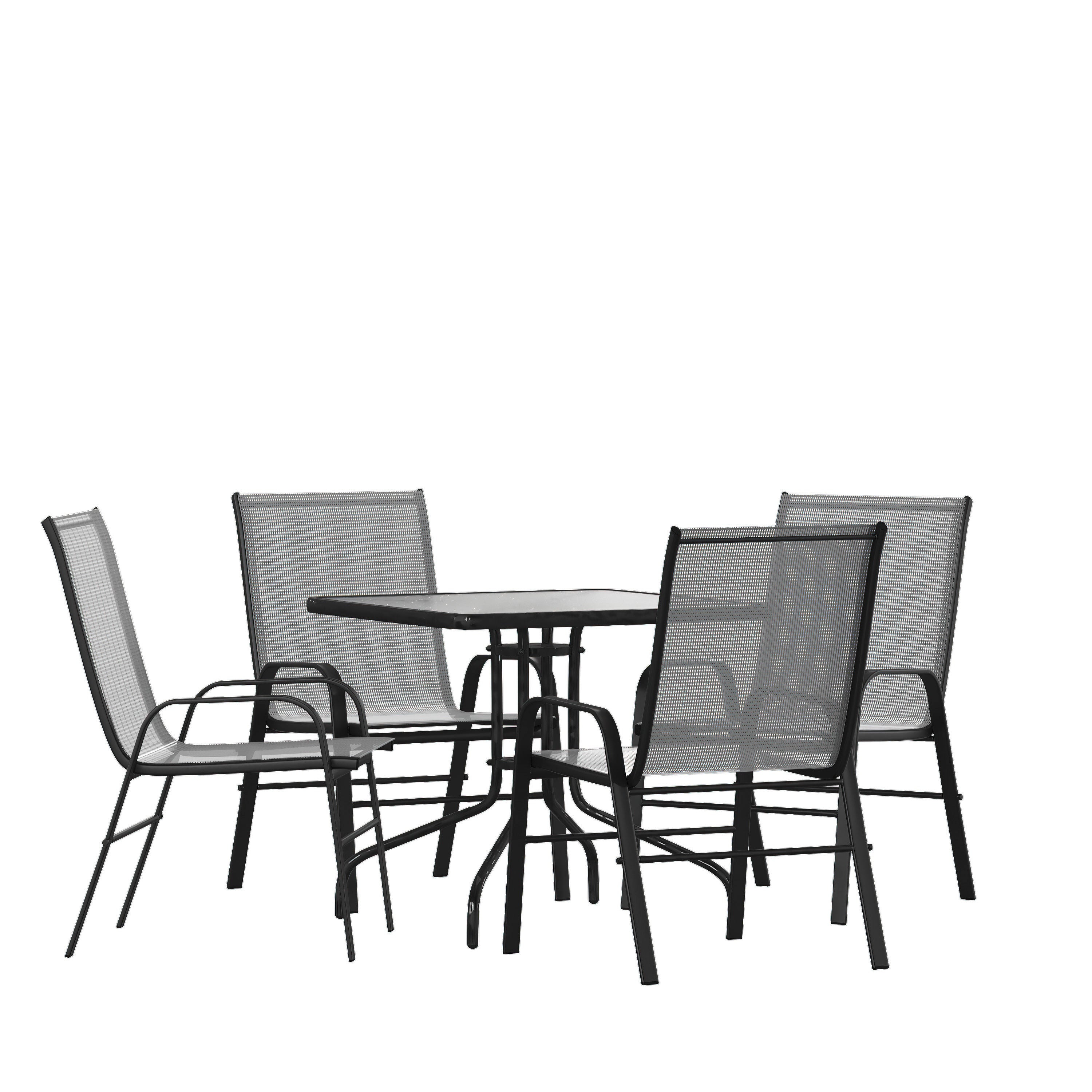 Brazos 5 Piece Outdoor Patio Dining Set - 31.5" Square Tempered Glass Patio Table, 4 Gray Flex Comfort Stack Chairs