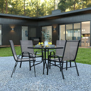 Brazos 5 Piece Outdoor Patio Dining Set - 31.5" Square Tempered Glass Patio Table, 4 Gray Flex Comfort Stack Chairs