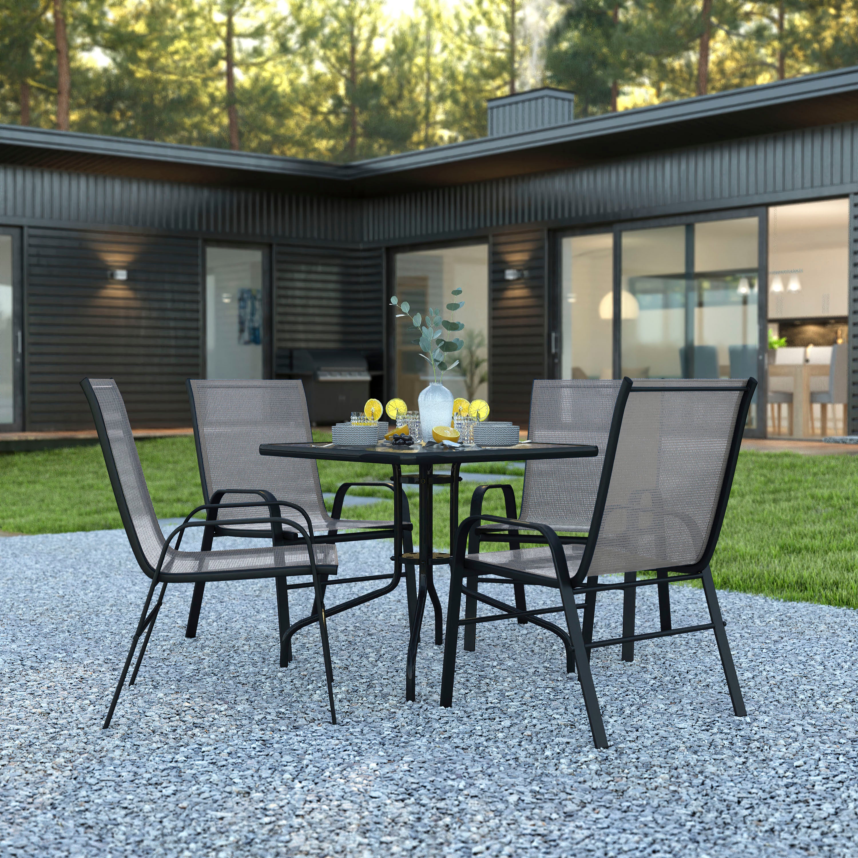 Brazos 5 Piece Outdoor Patio Dining Set - 31.5" Square Tempered Glass Patio Table, 4 Gray Flex Comfort Stack Chairs