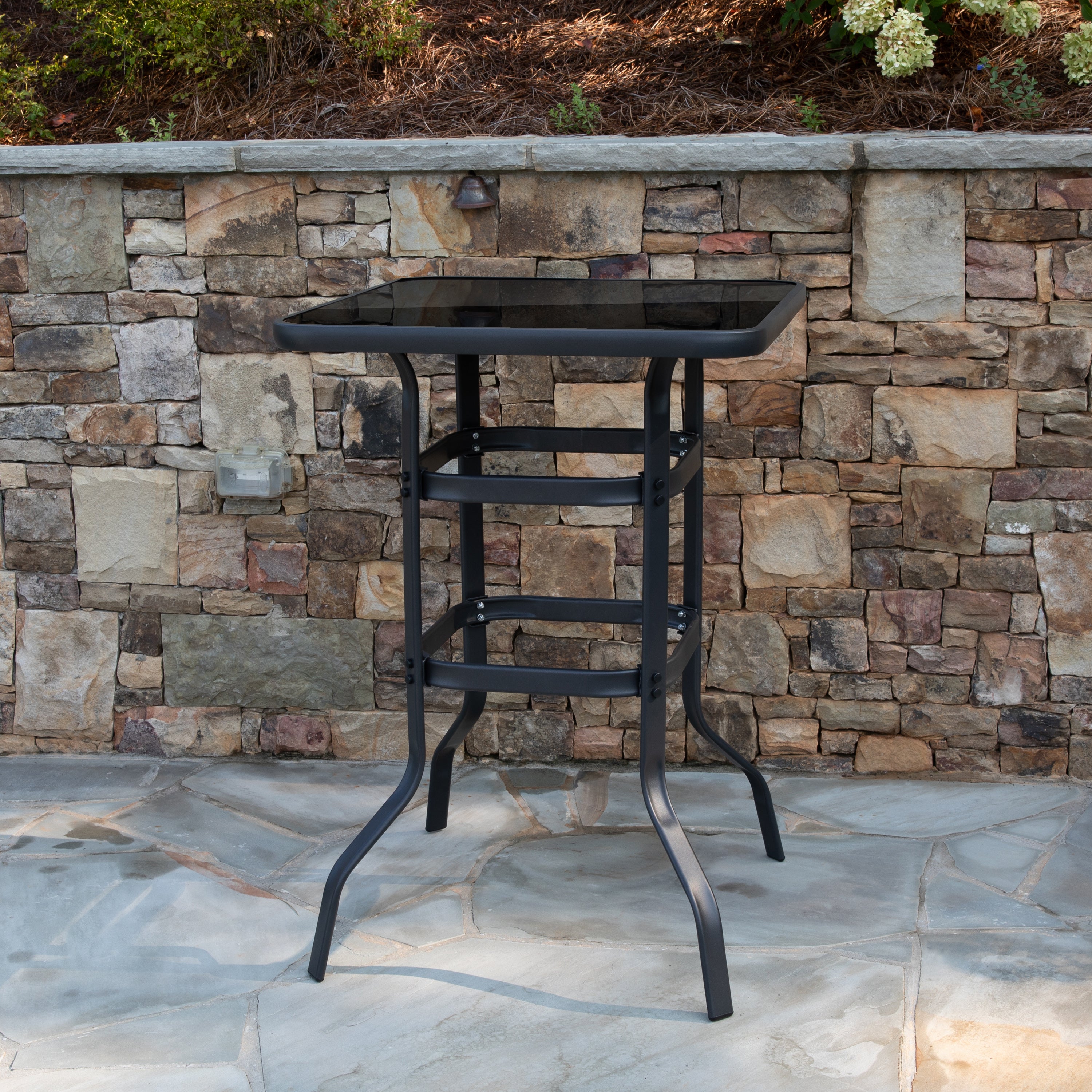 Barker 27.5" Square Black Tempered Glass Bar Height Metal Patio Bar Table