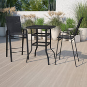 Brazos Outdoor Dining Set - 2-Person Bistro Set - Brazos Outdoor Glass Bar Table with Black All-Weather Patio Stools