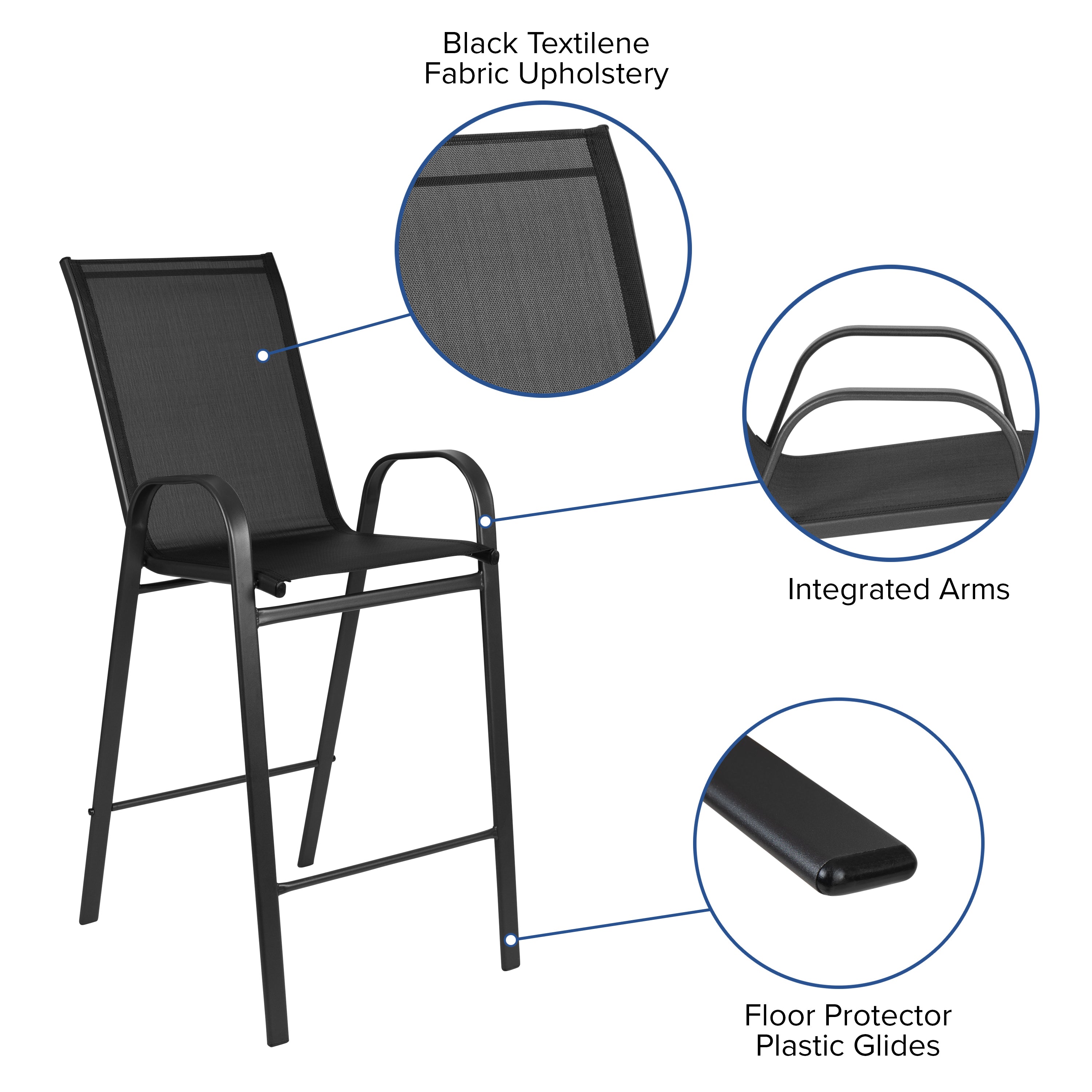 Brazos Outdoor Dining Set - 2-Person Bistro Set - Brazos Outdoor Glass Bar Table with Black All-Weather Patio Stools