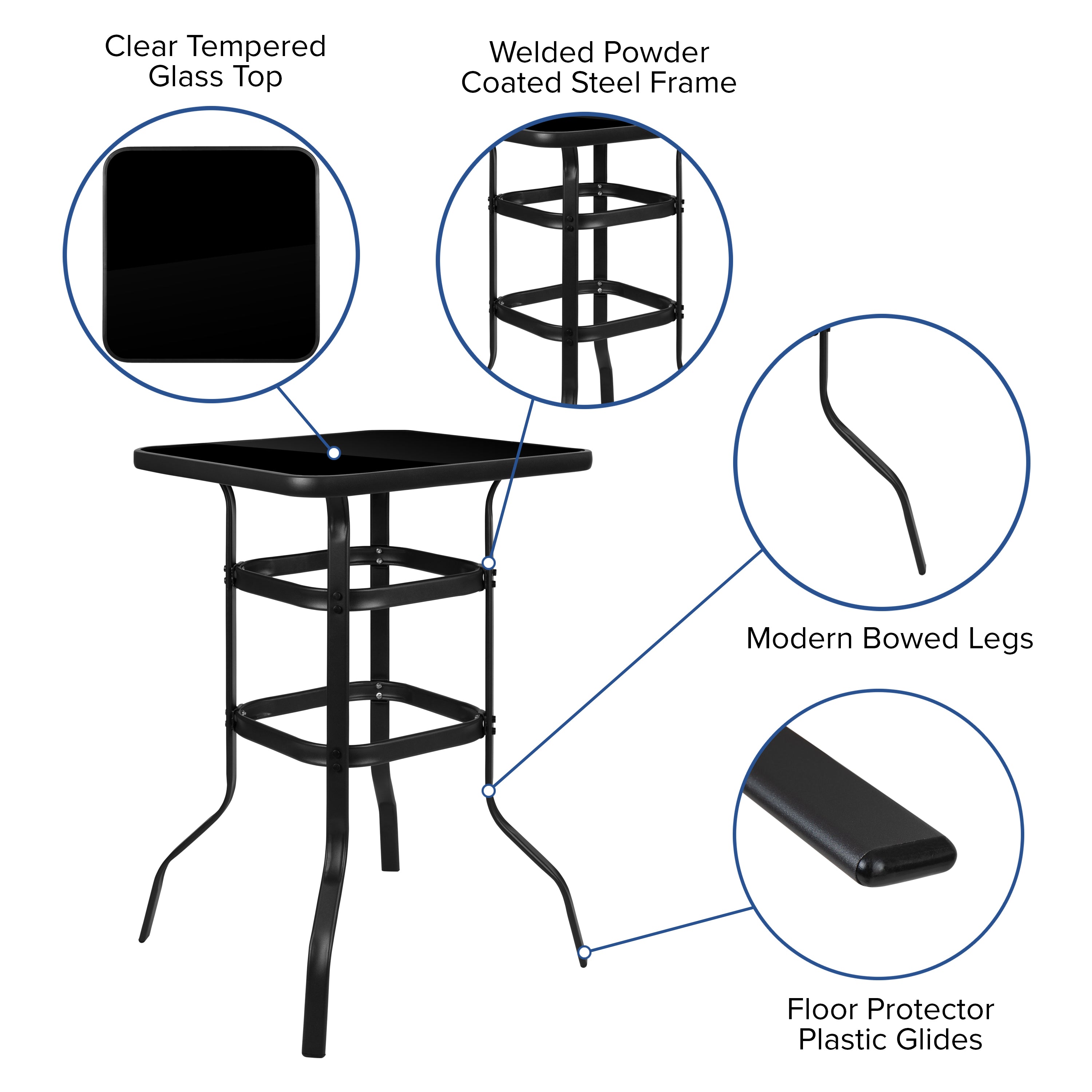 Brazos Outdoor Dining Set - 2-Person Bistro Set - Brazos Outdoor Glass Bar Table with Gray All-Weather Patio Stools