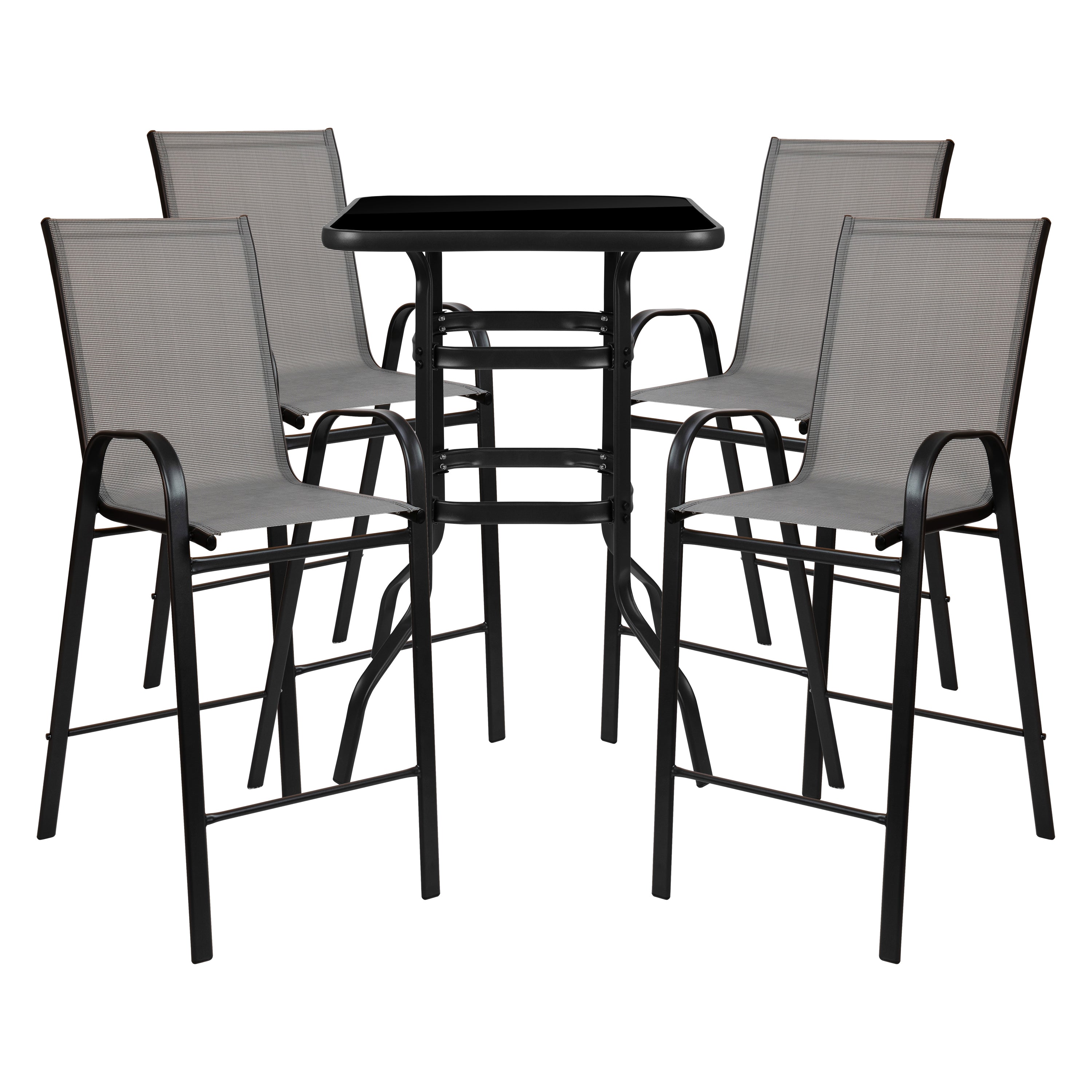 Brazos Outdoor Dining Set - 4-Person Bistro Set - Brazos Outdoor Glass Bar Table with Gray All-Weather Patio Stools