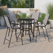 Brazos Outdoor Dining Set - 4-Person Bistro Set - Brazos Outdoor Glass Bar Table with Gray All-Weather Patio Stools