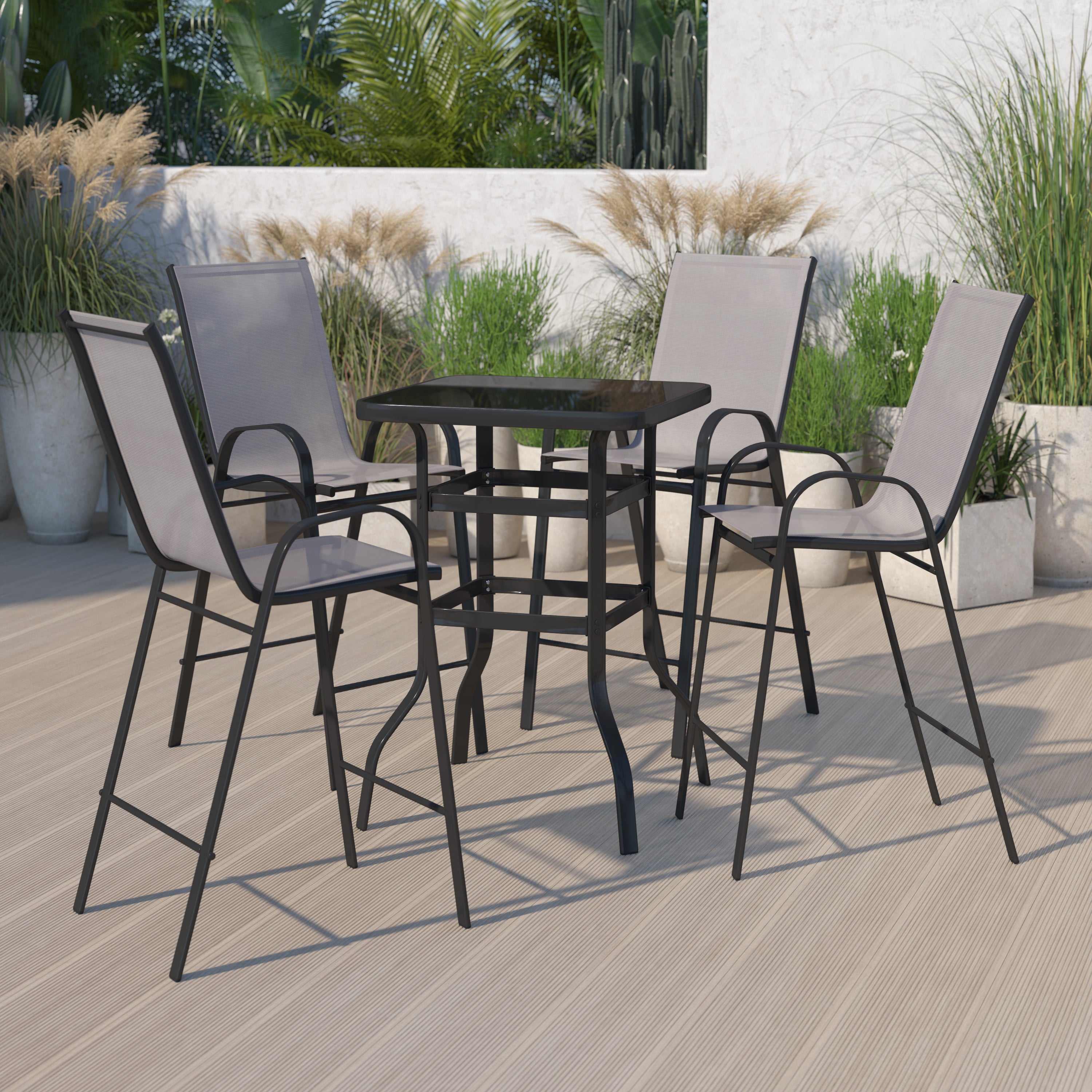 Brazos Outdoor Dining Set - 4-Person Bistro Set - Brazos Outdoor Glass Bar Table with Gray All-Weather Patio Stools