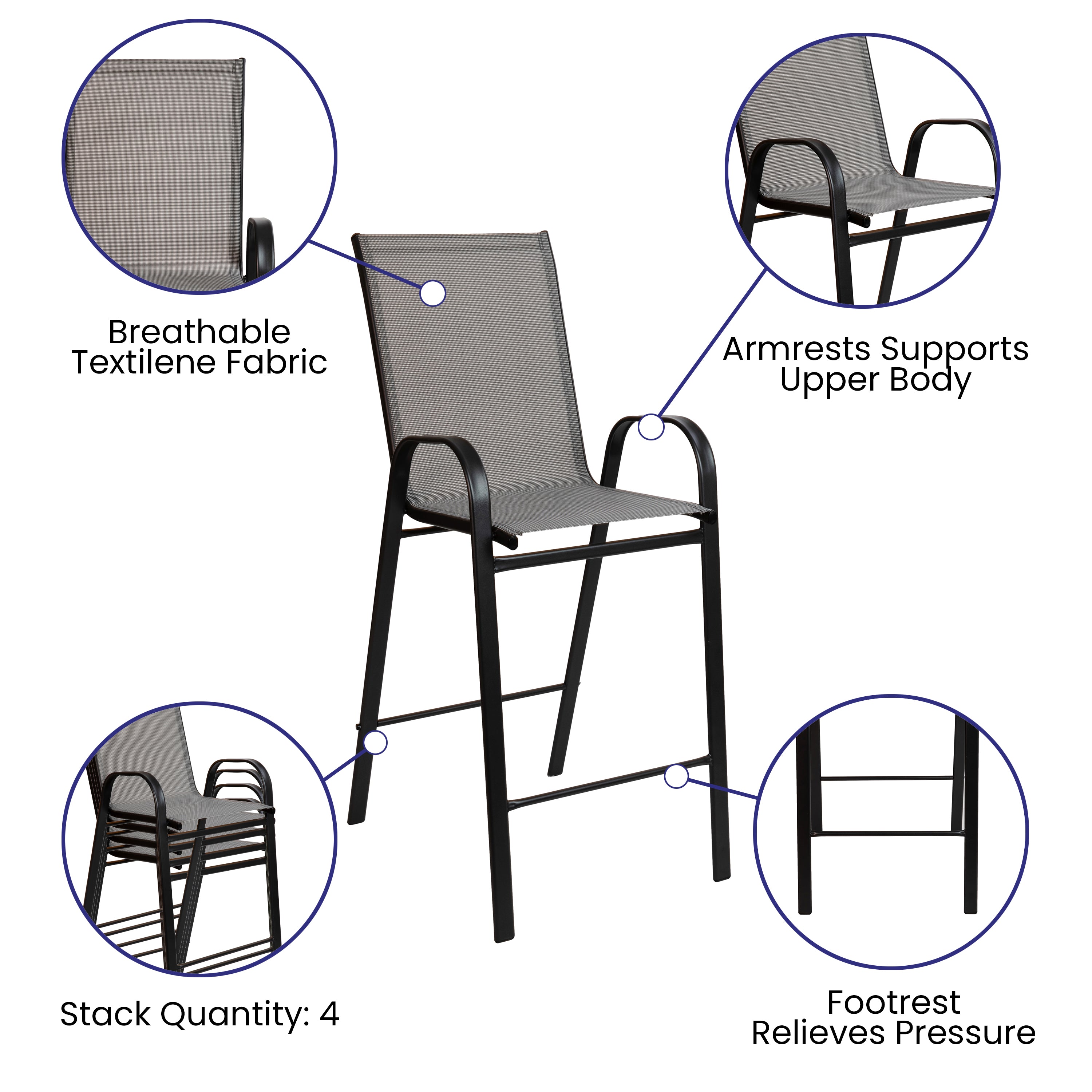 Brazos Outdoor Dining Set - 4-Person Bistro Set - Brazos Outdoor Glass Bar Table with Gray All-Weather Patio Stools