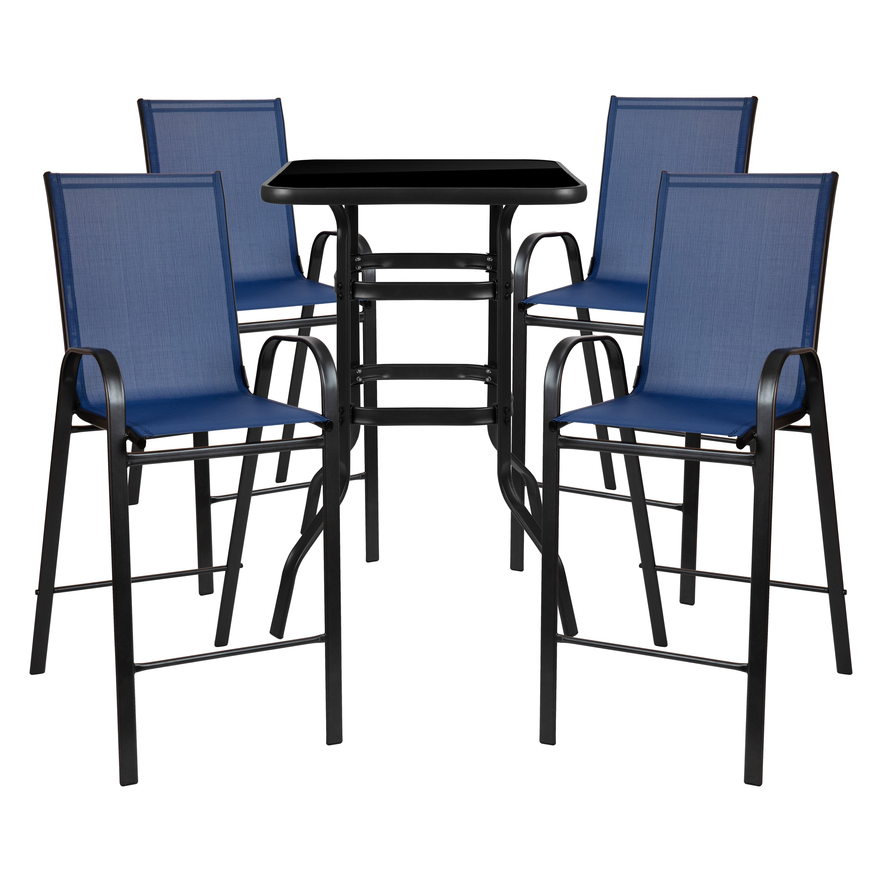 Brazos Outdoor Dining Set - 4-Person Bistro Set - Brazos Outdoor Glass Bar Table with Navy All-Weather Patio Stools