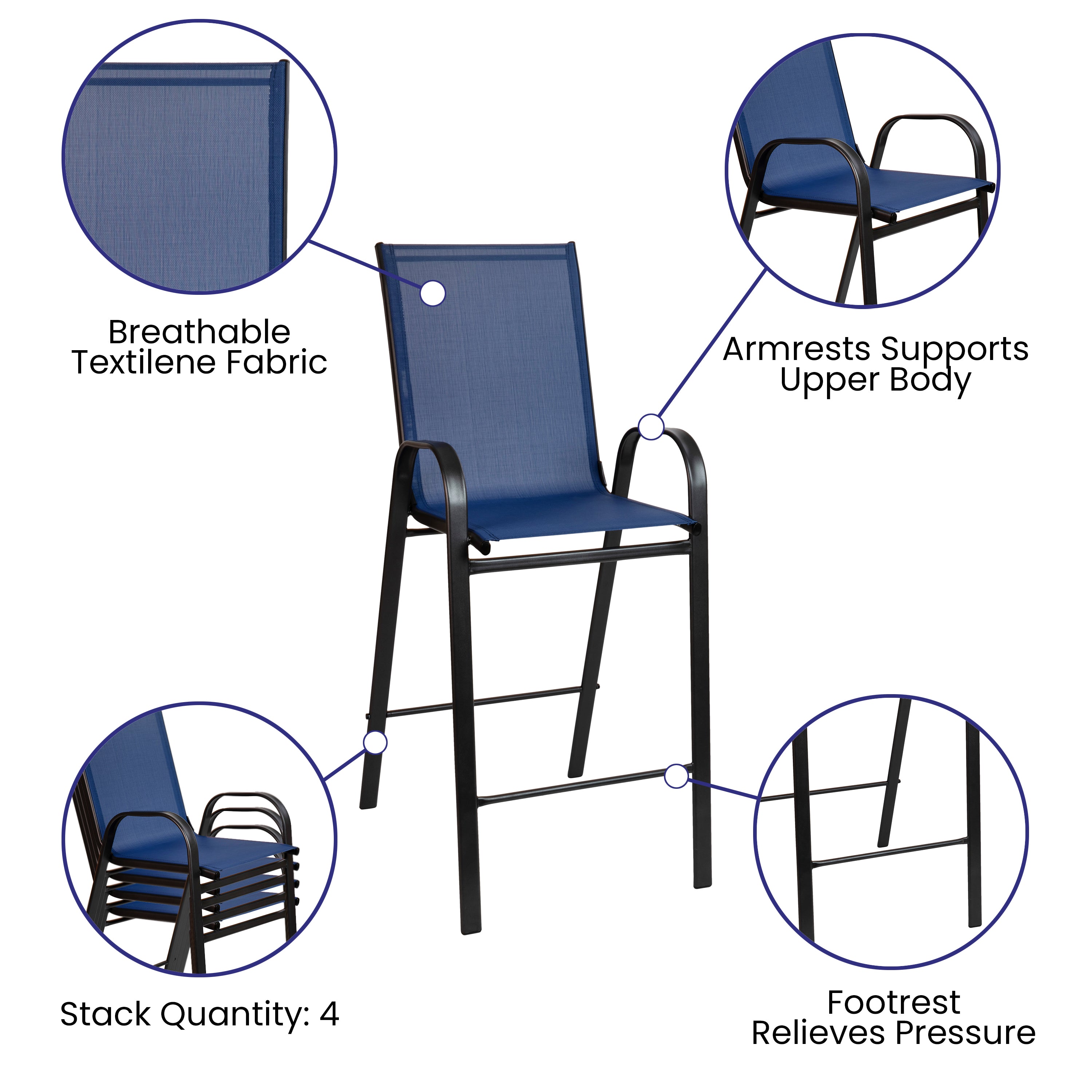 Brazos Outdoor Dining Set - 4-Person Bistro Set - Brazos Outdoor Glass Bar Table with Navy All-Weather Patio Stools