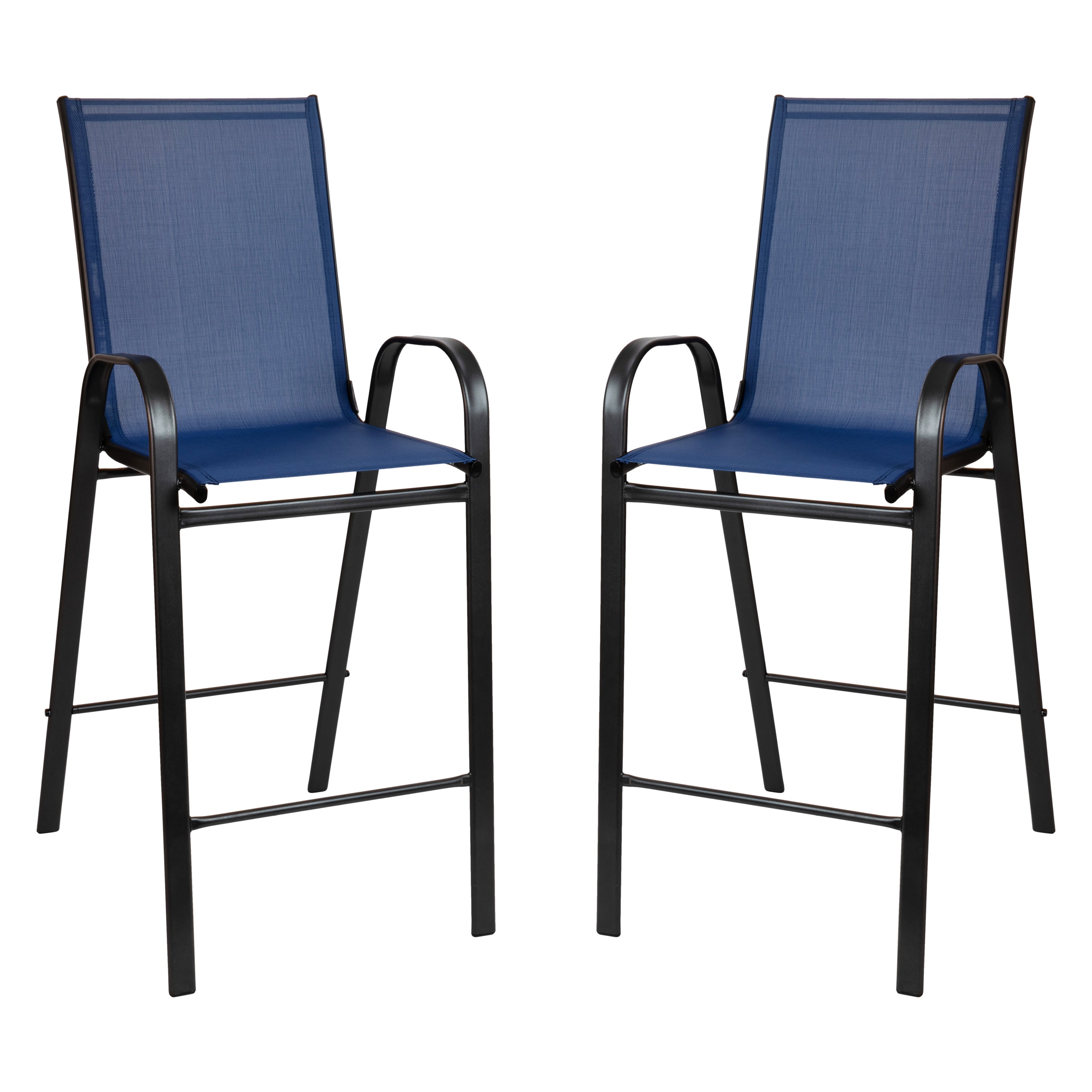 Brazos Outdoor Dining Set - 4-Person Bistro Set - Brazos Outdoor Glass Bar Table with Navy All-Weather Patio Stools
