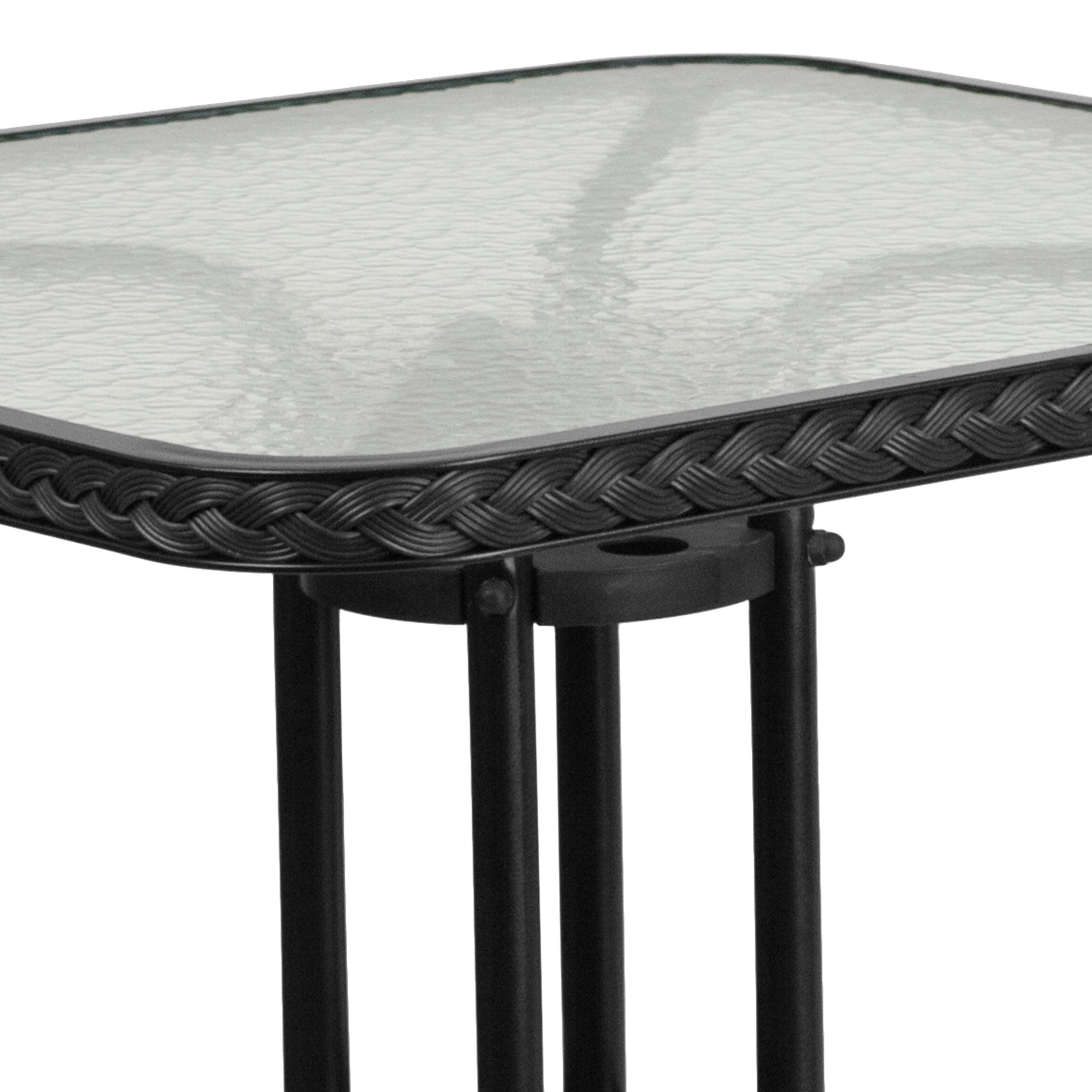 Barker 28'' Square Tempered Glass Metal Table with Black Rattan Edging