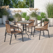 Barker 28'' Square Tempered Glass Metal Table with Dark Brown Rattan Edging