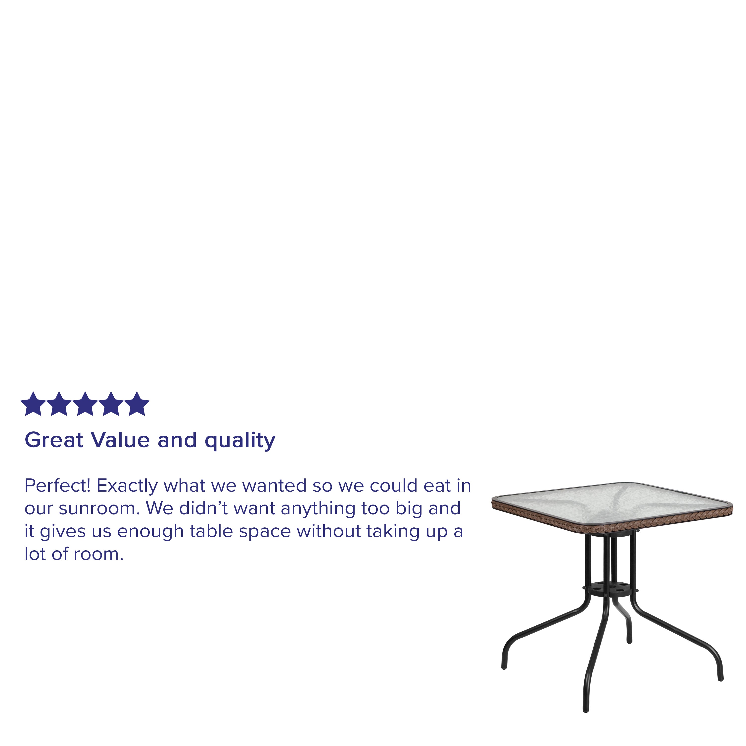 Barker 28'' Square Tempered Glass Metal Table with Dark Brown Rattan Edging