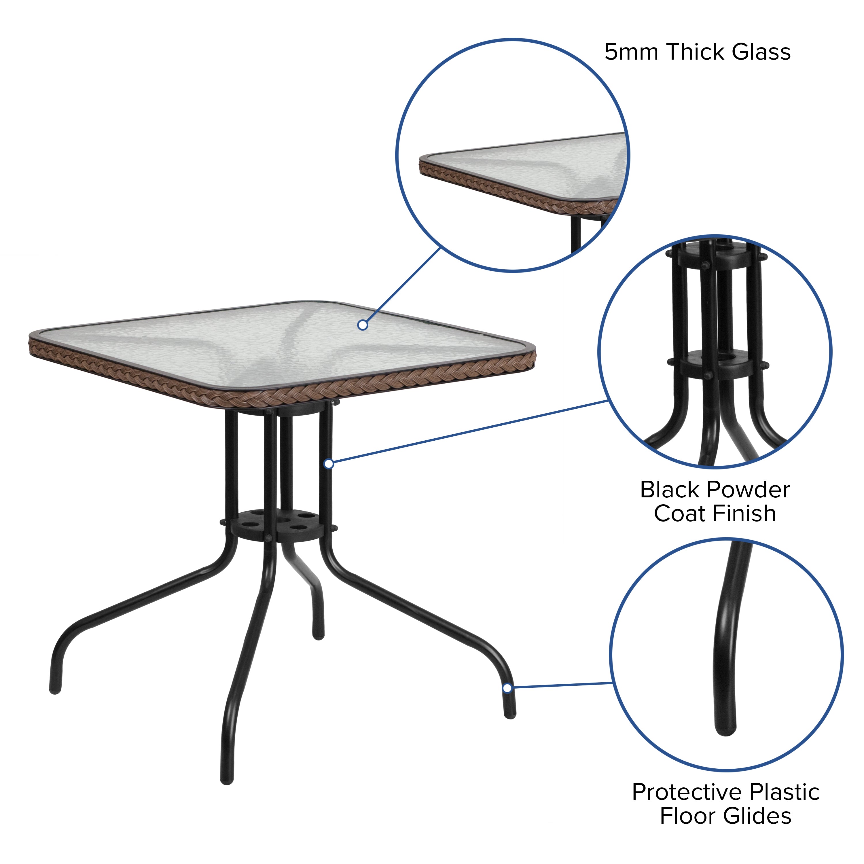 Barker 28'' Square Tempered Glass Metal Table with Dark Brown Rattan Edging