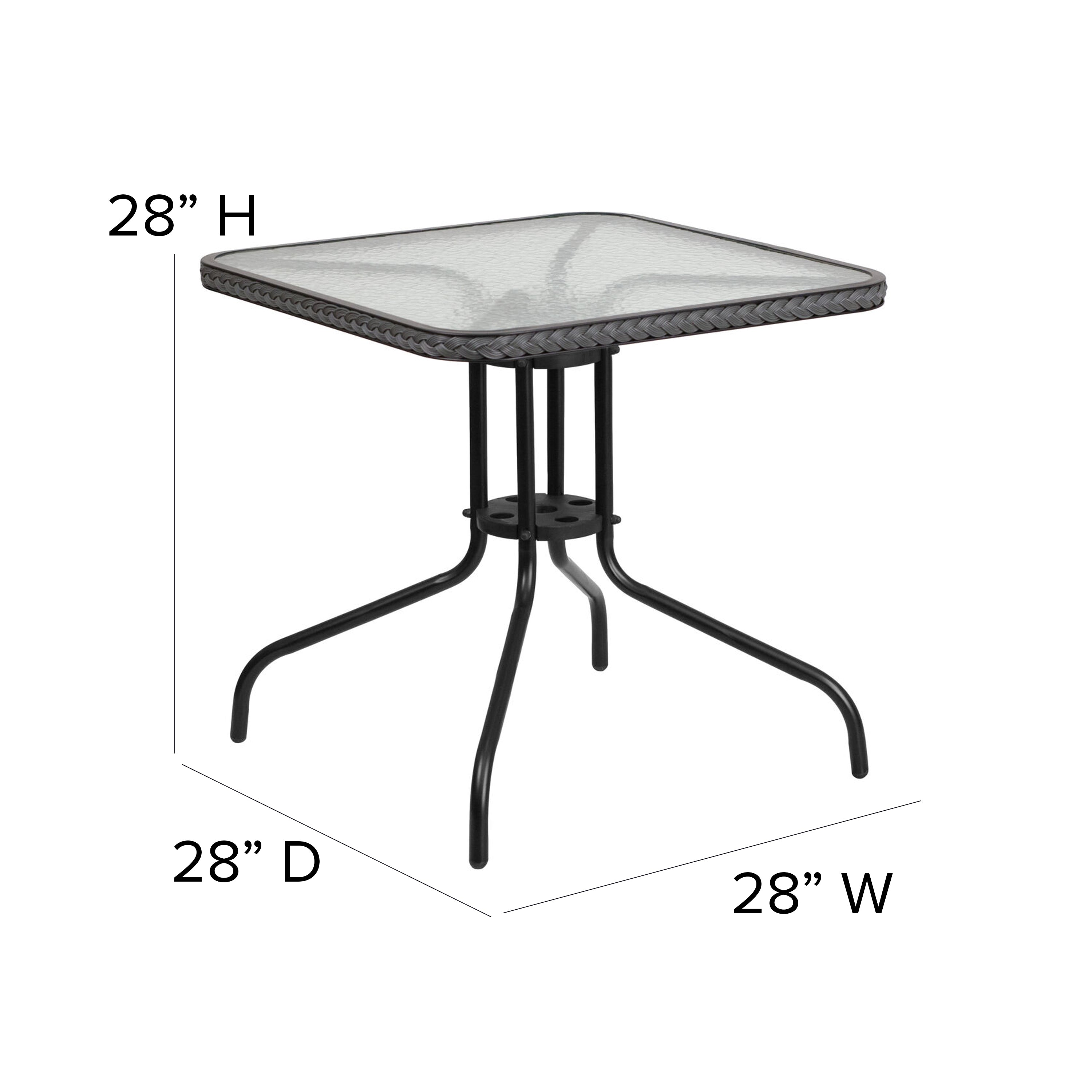 Barker 28'' Square Tempered Glass Metal Table with Gray Rattan Edging