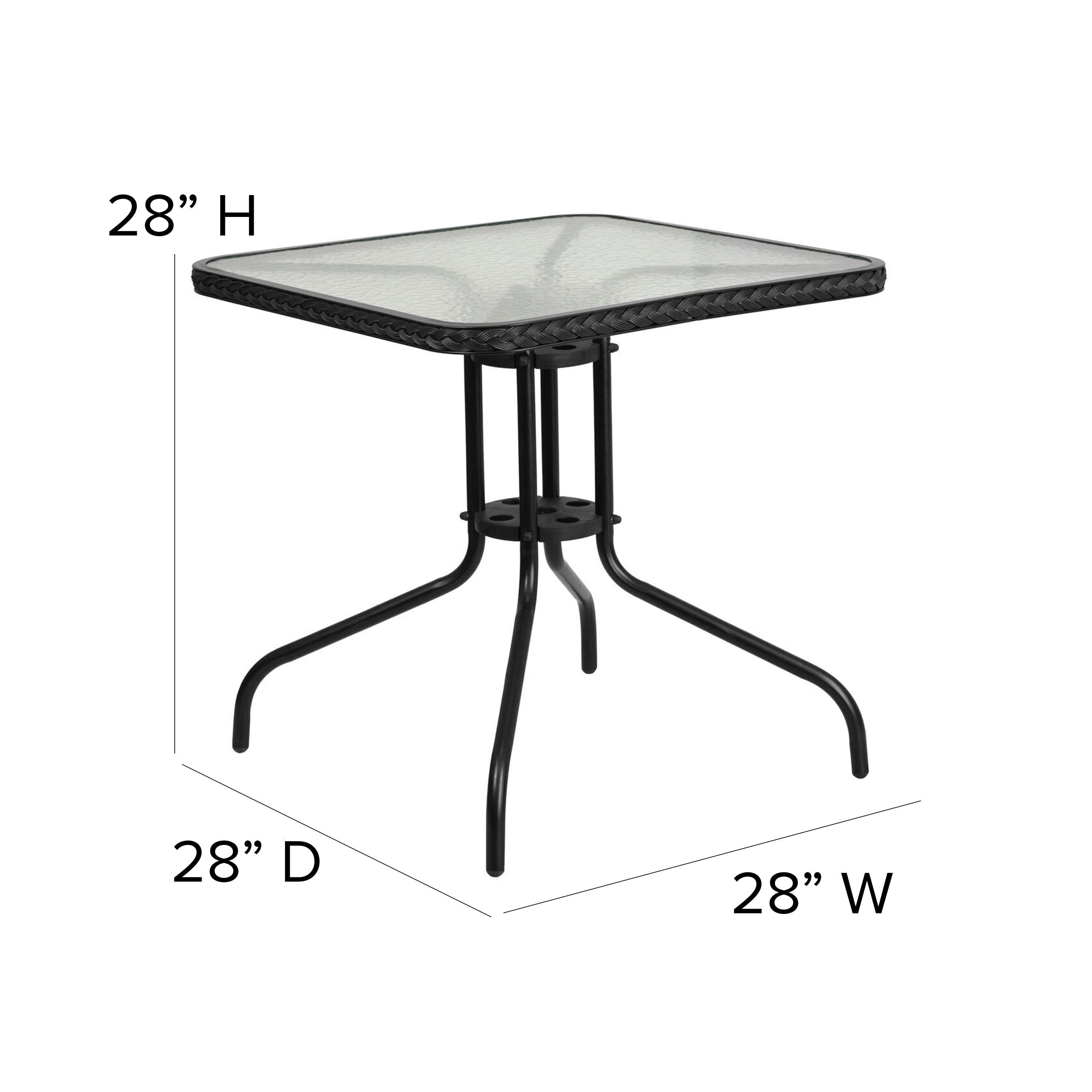 Lila 28'' Square Glass Metal Table with Black Rattan Edging and 2 Black Rattan Stack Chairs
